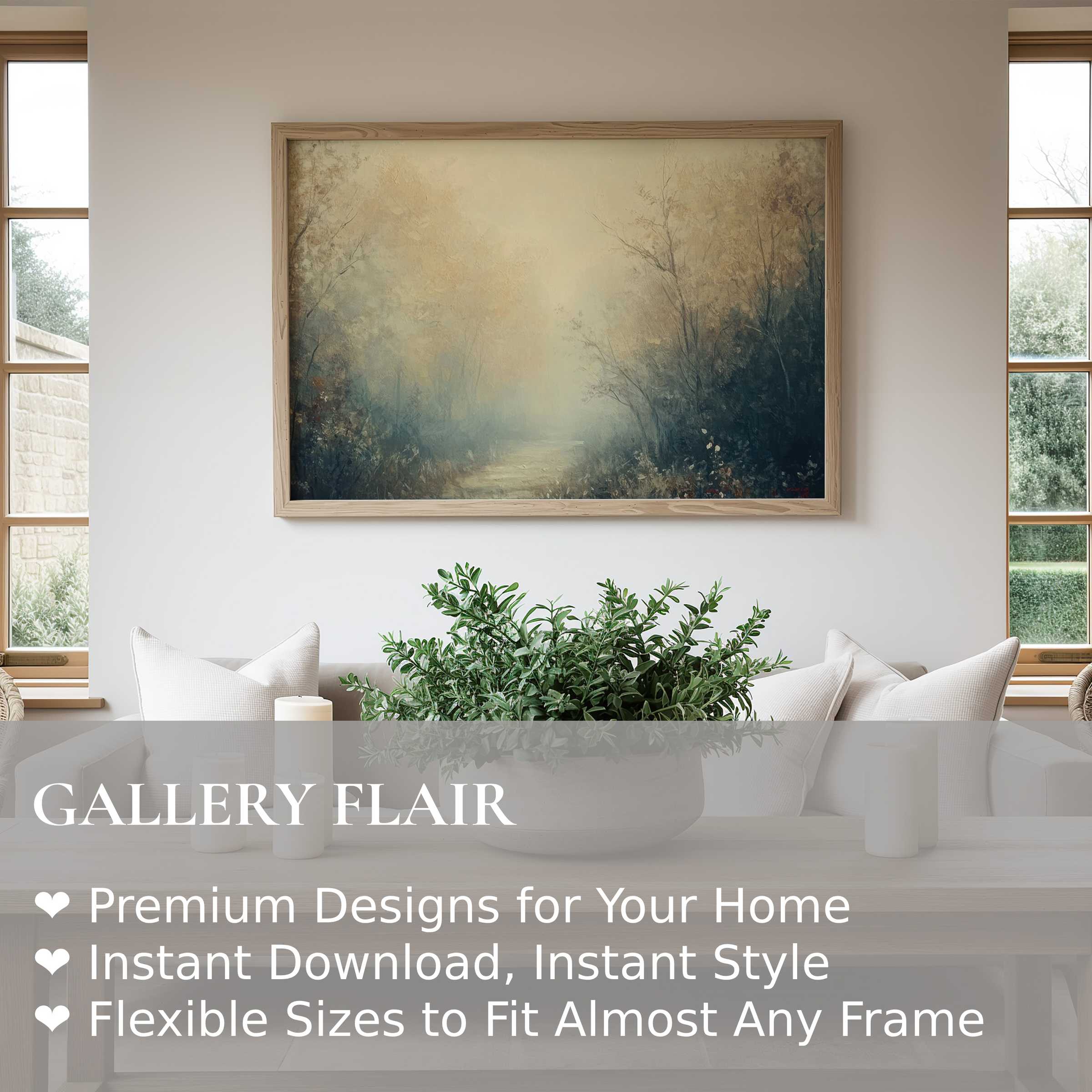 Fall wall art print with serene misty forest tones, enriching modern farmhouse interiors with calming warmth and natural elegance