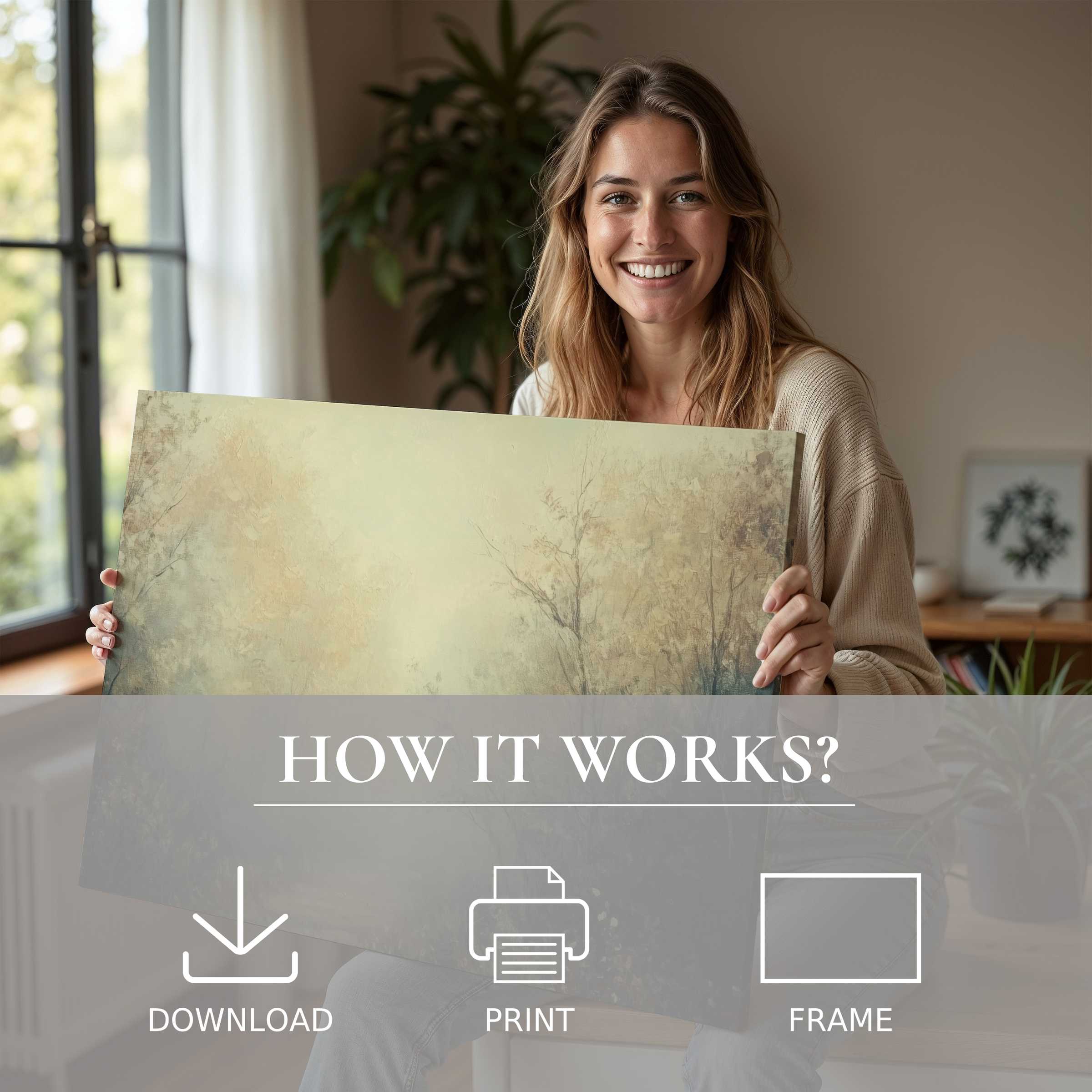 A fall digital art print evokes warmth and tranquility as it seamlessly blends into a modern home, inspiring connection and joyful living