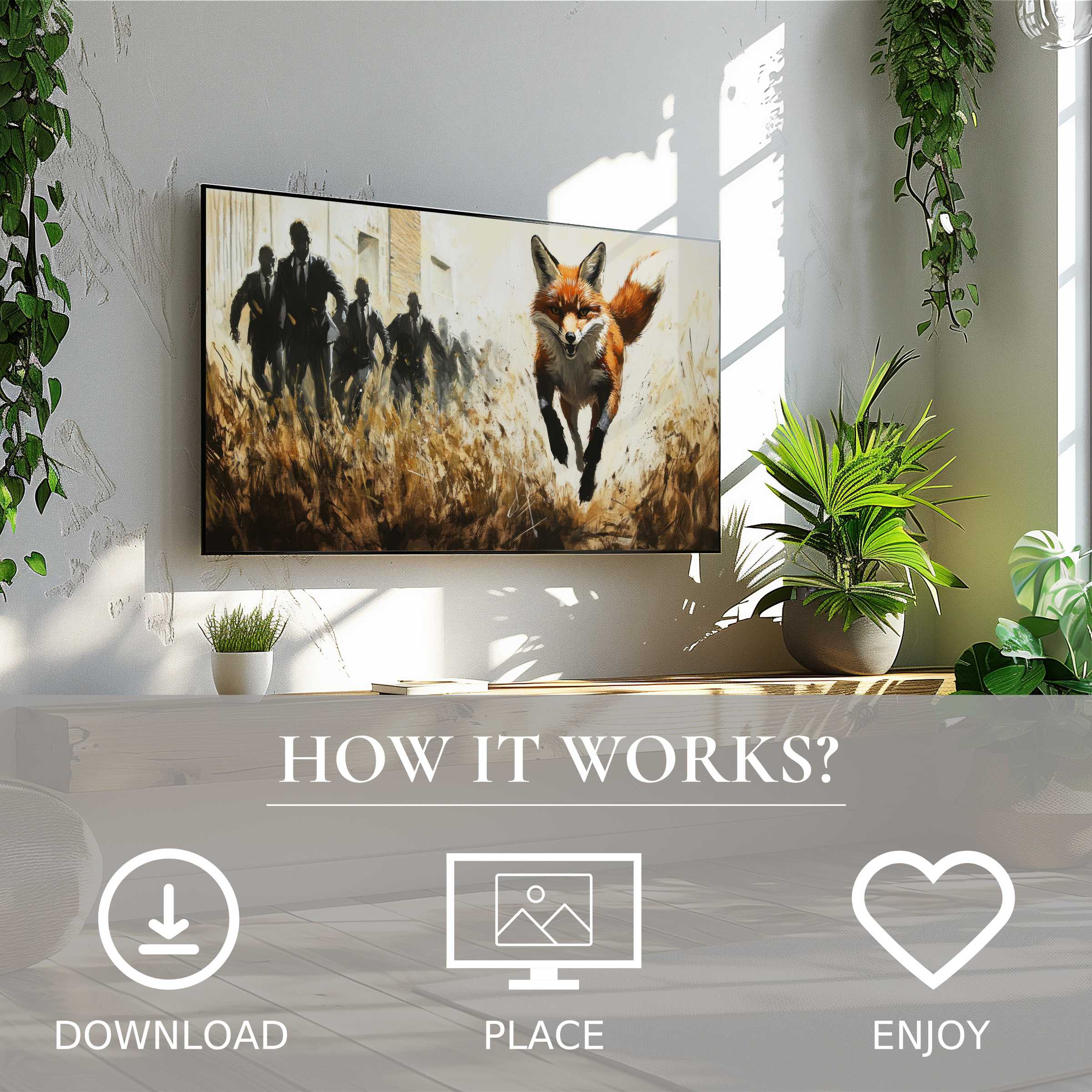 Modern living space with easy digital download; street art for Samsung TV shows dynamic fox motif in warm, earthy tones