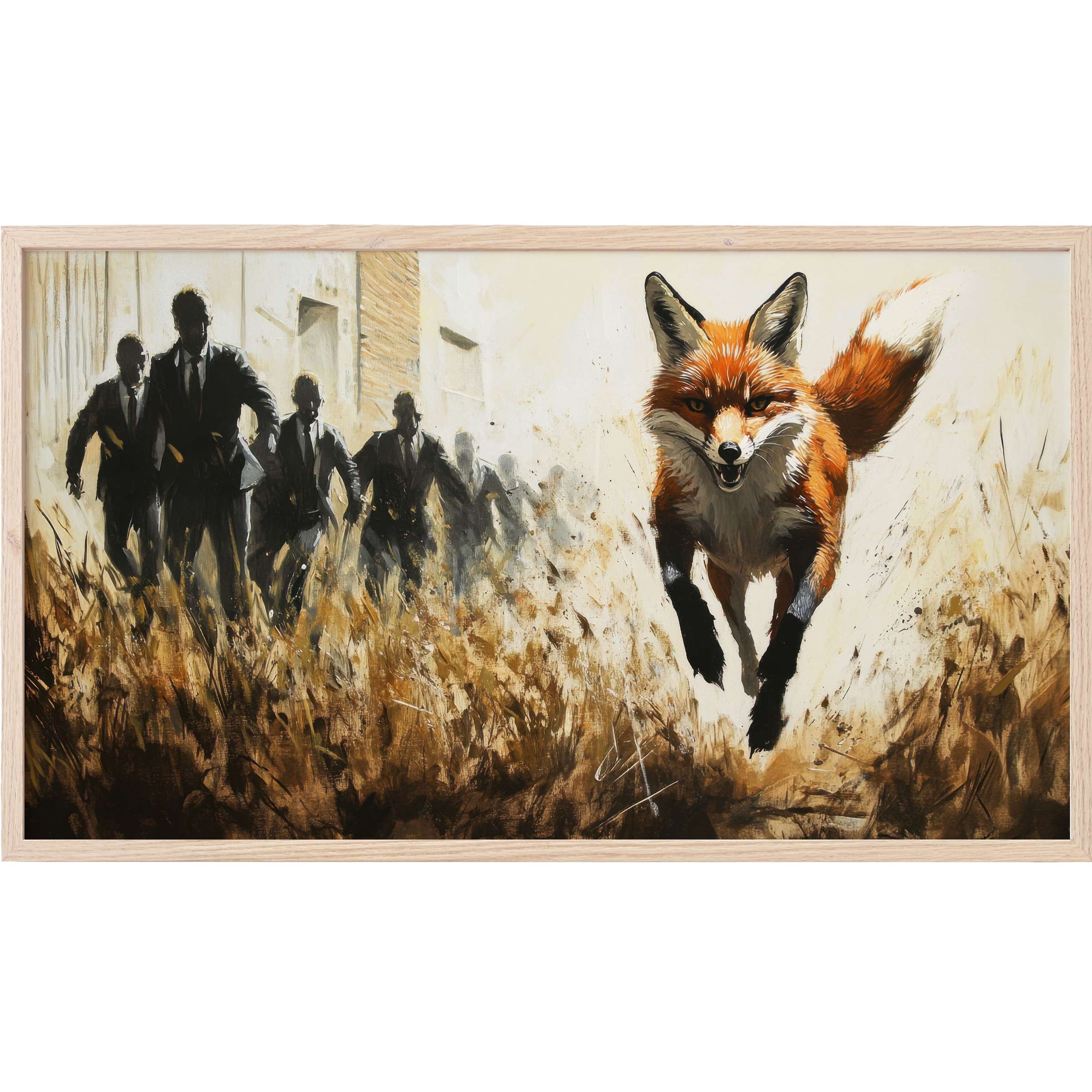 Dynamic street art Frame TV Art featuring a vivid fox fleeing shadowy men, warm earthy tones in a modern style