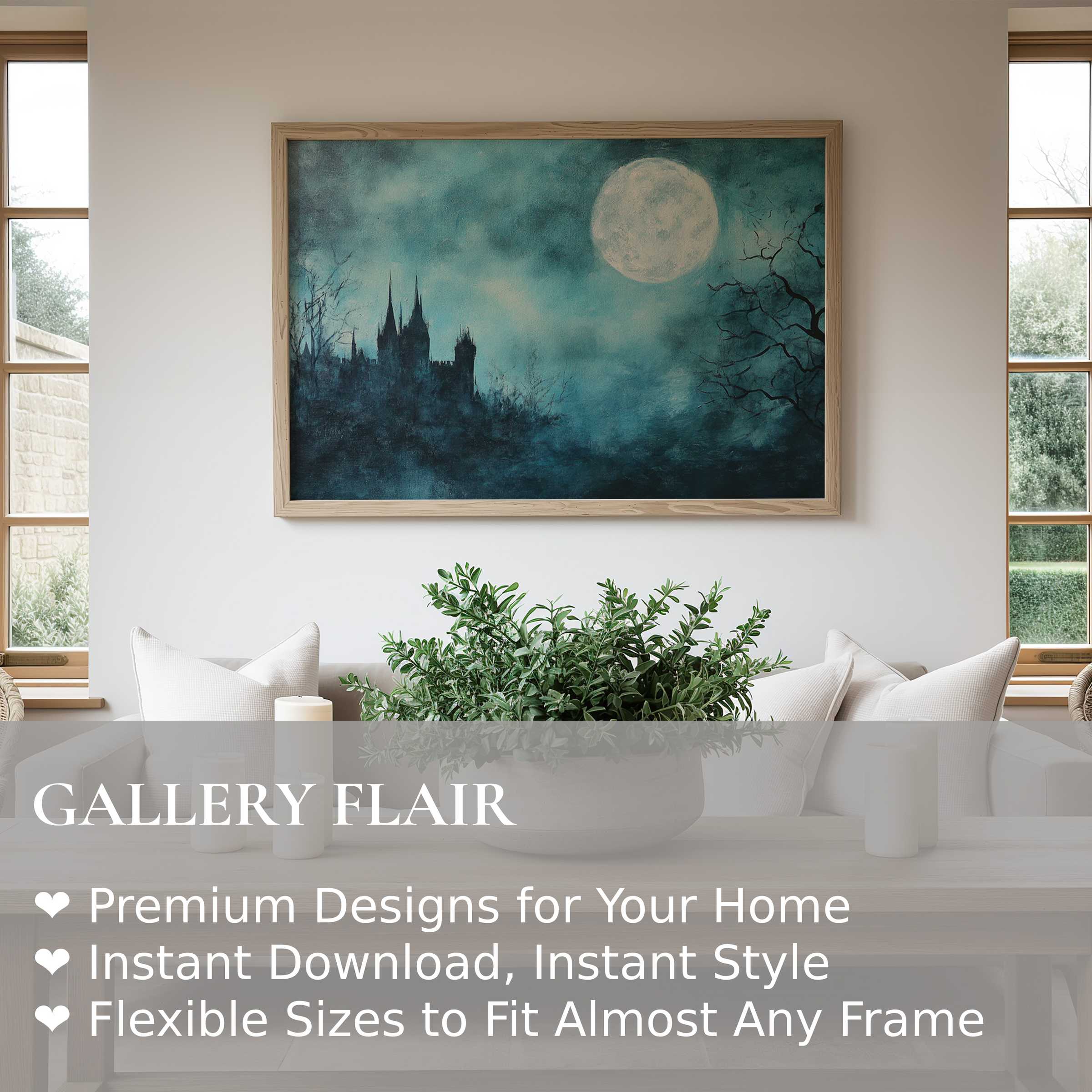Halloween wall art print featuring a moody moonlit castle silhouette that adds bold, mystical charm to modern living spaces