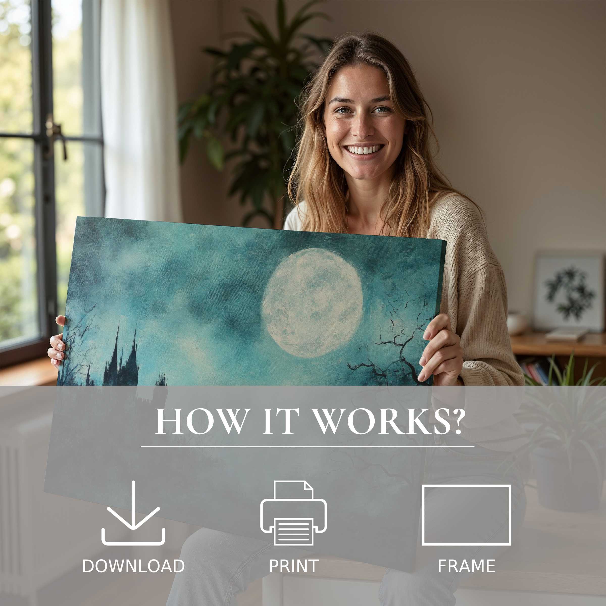 Elegant halloween digital art print radiates serene moonlit mystery, inspiring joyful connection in chic modern living spaces