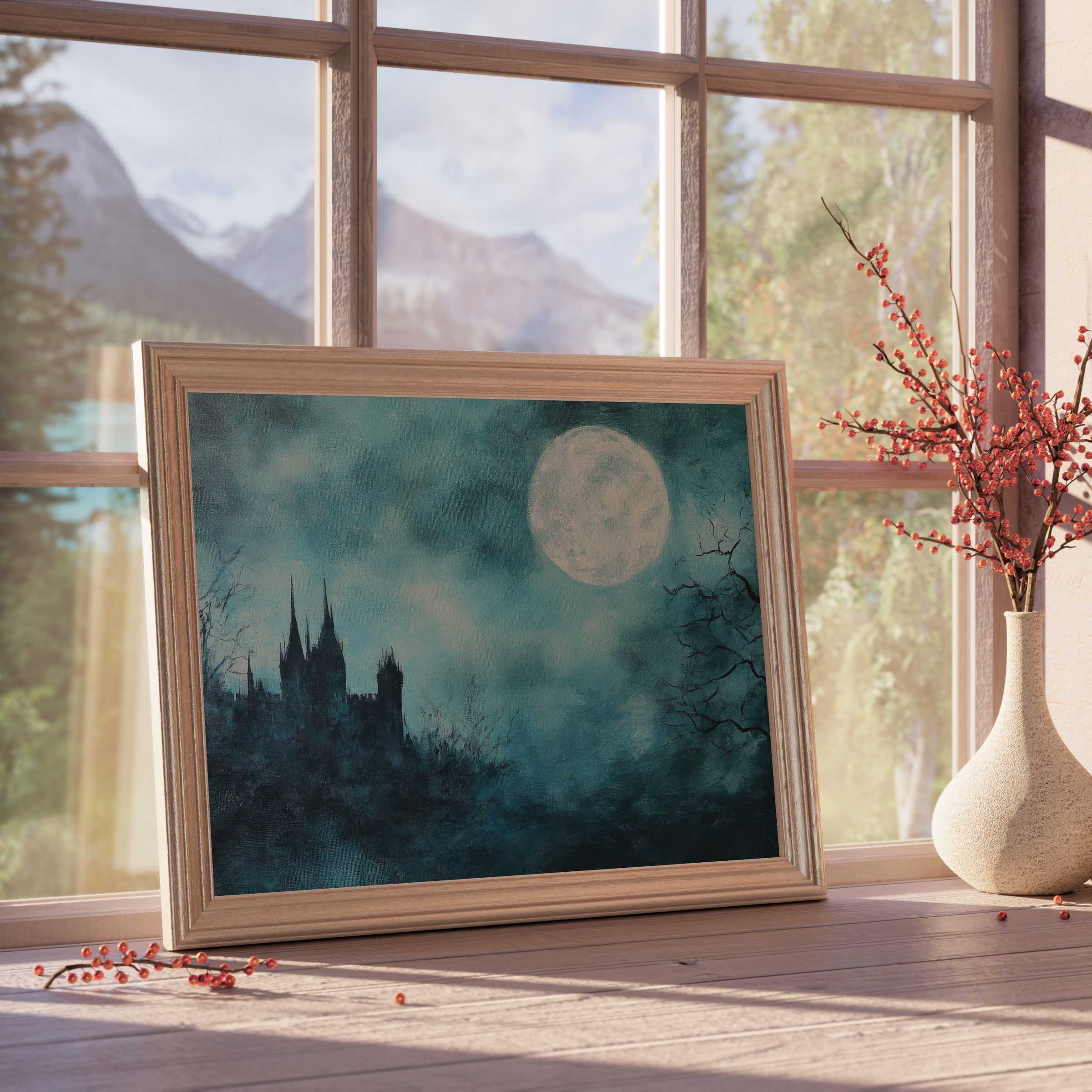 Halloween downloadable art featuring a moody moonlit castle silhouette, enhancing curated, tranquil, design-forward interiors