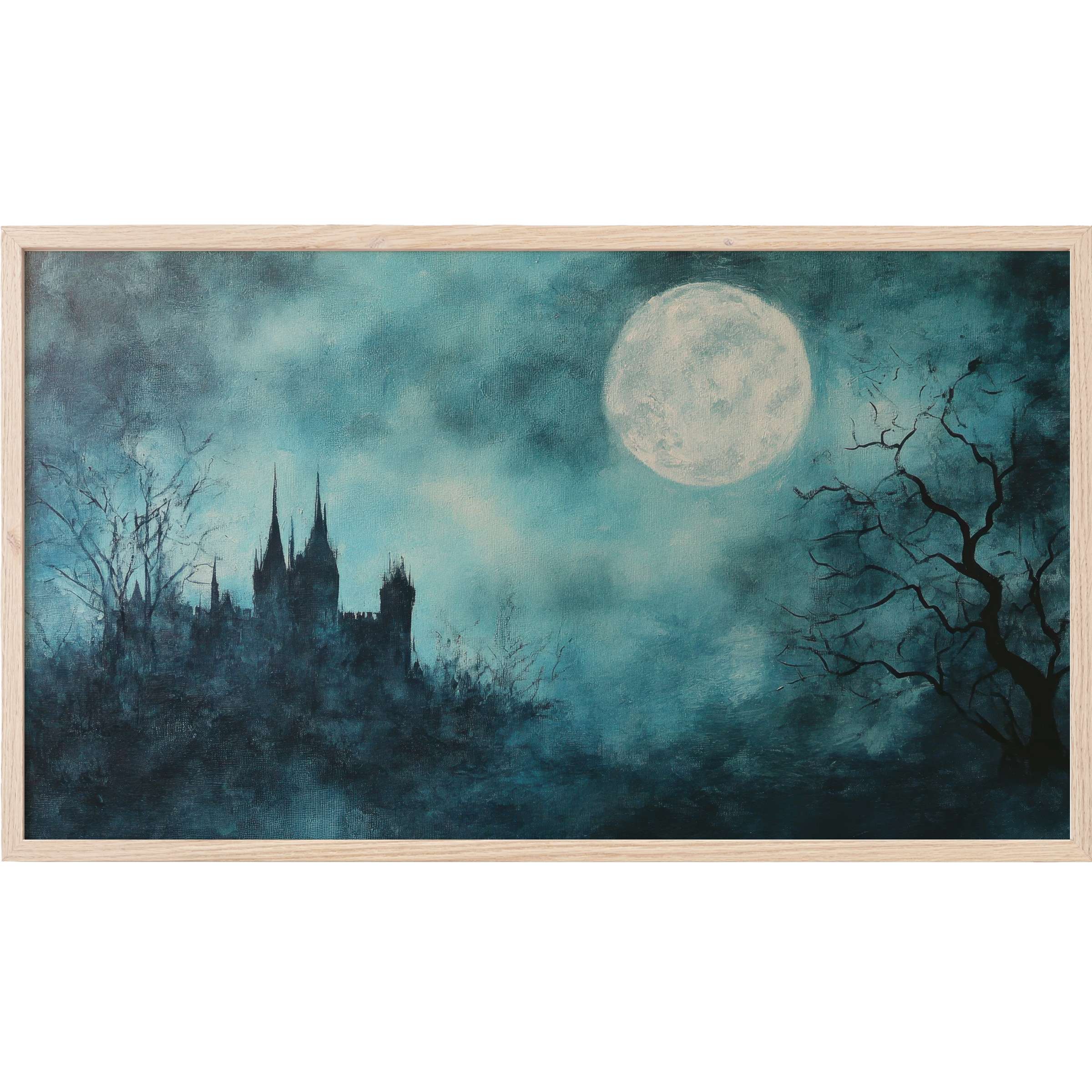 Halloween Frame TV Art with moody teal and black tones, featuring a haunted castle, full moon, and eerie barren trees
