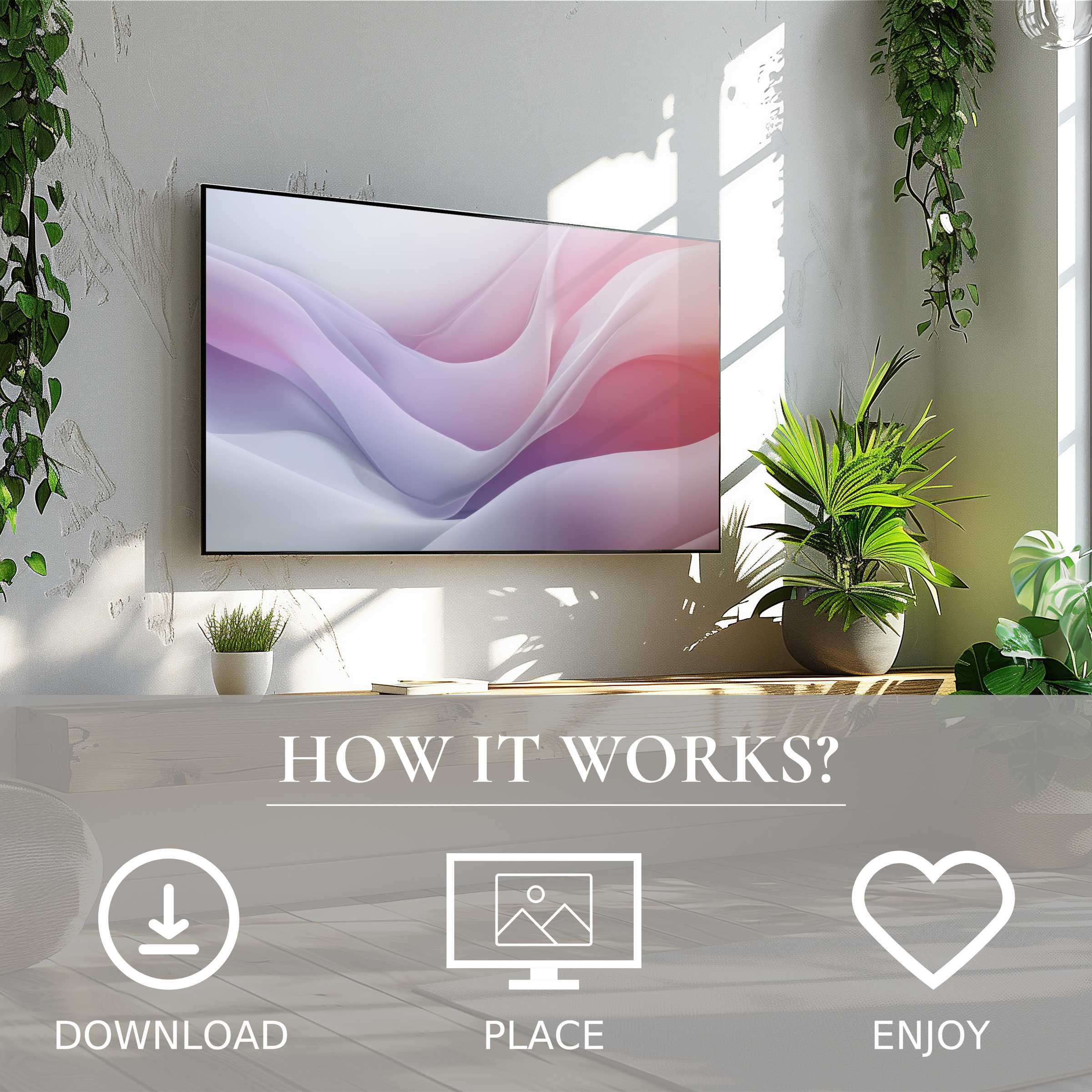 Abstract art for Samsung TV in soft pink and lavender waves, easy digital download enriches modern living spaces