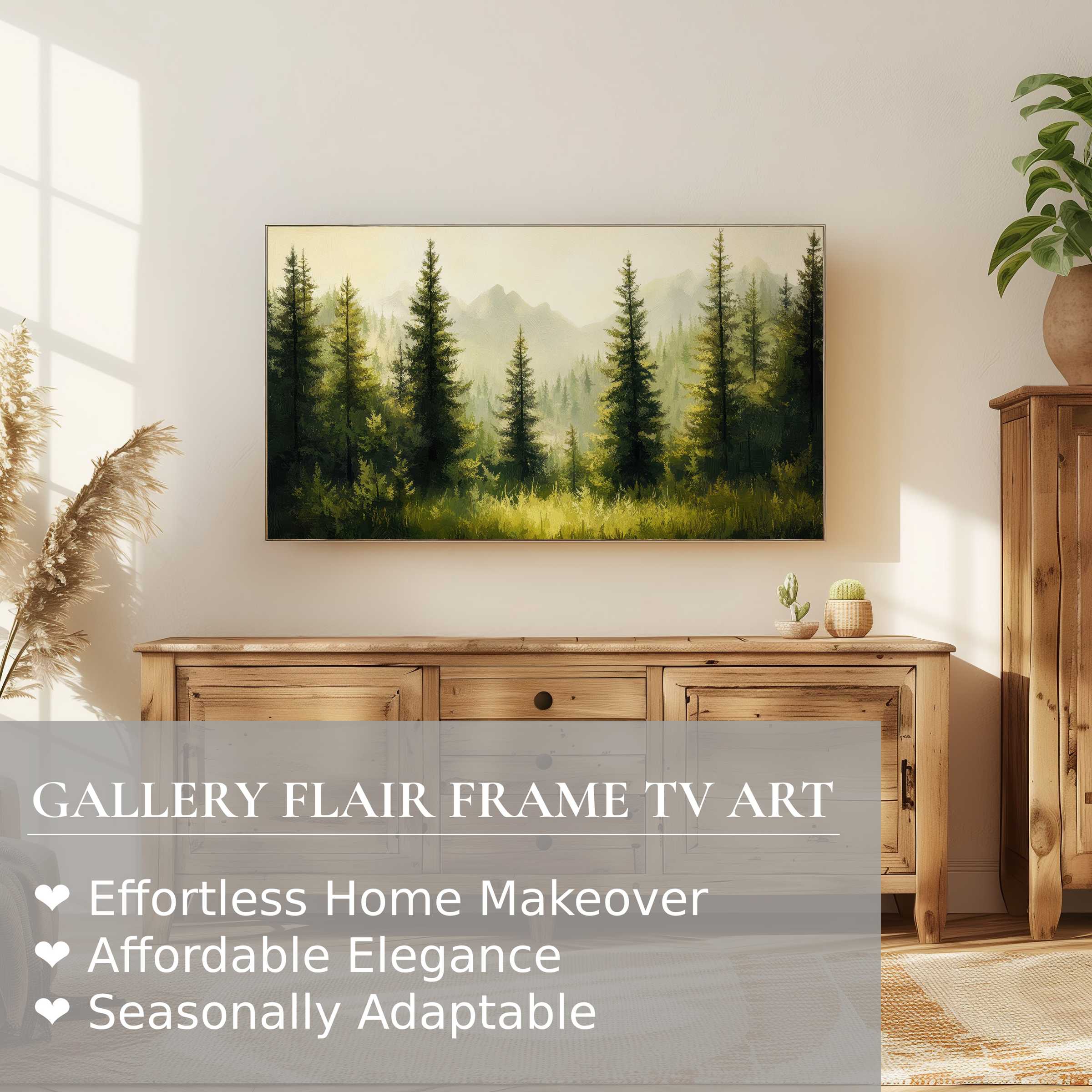 Modern living room with warm woods and minimal decor, featuring Samsung Frame TV with serene tree digital artwork