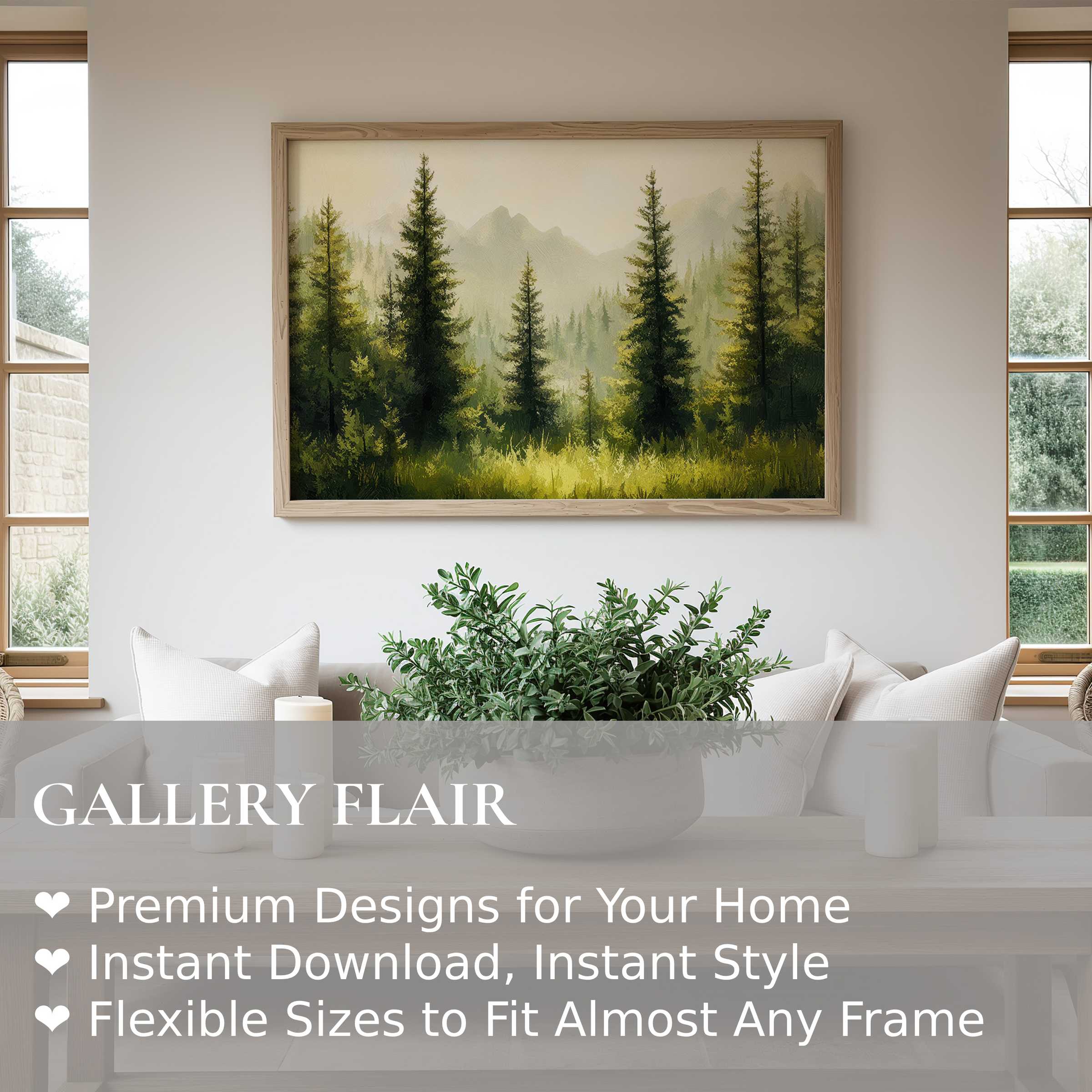 Serene tree wall art print capturing misty pine forest and sunlit meadow, enhancing modern minimalist living spaces with calm elegance