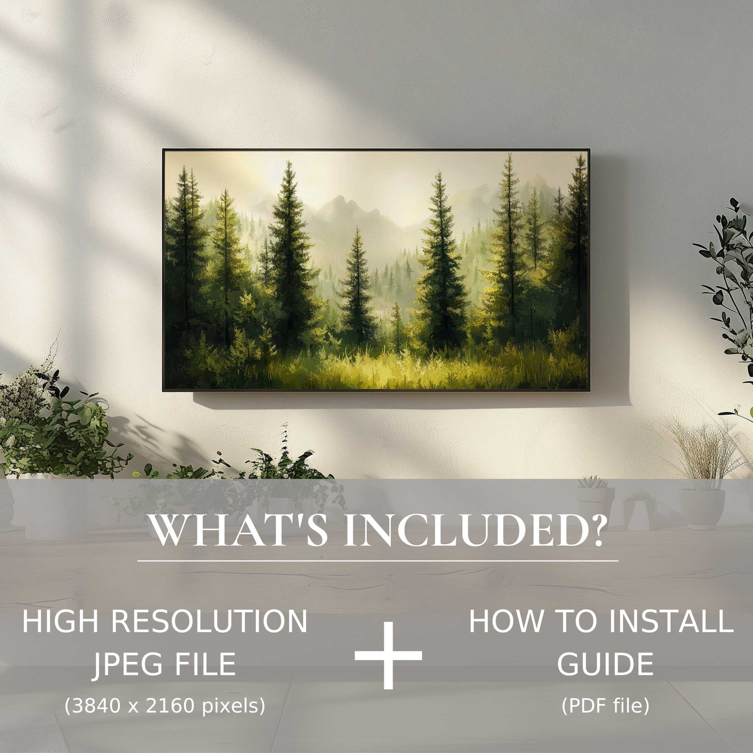 Elegant modern living room enhanced by tree digital TV art download; easy digital use brightens your space beautifully