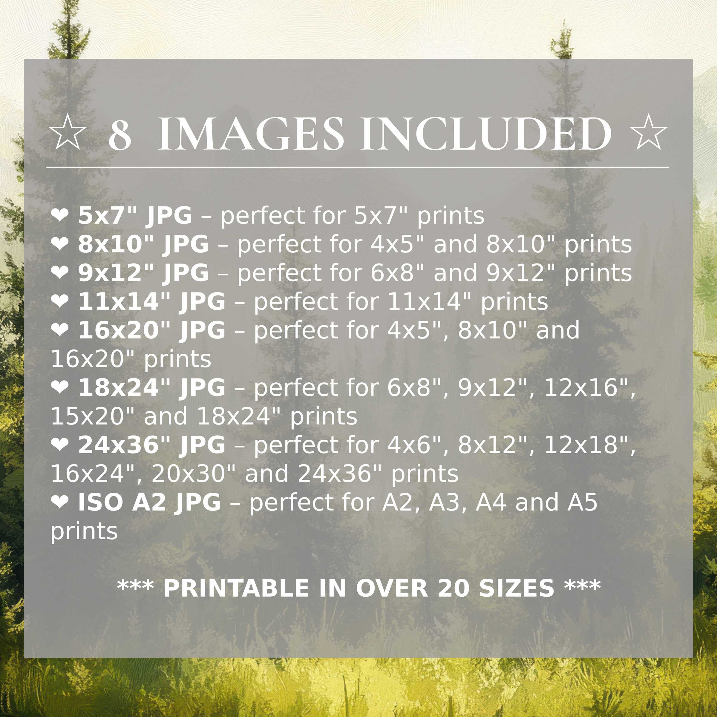 Print size guide showing 8 included JPG formats for versatile wall art printing – perfect for framing in popular sizes from 5x7 to 24x36 and A2