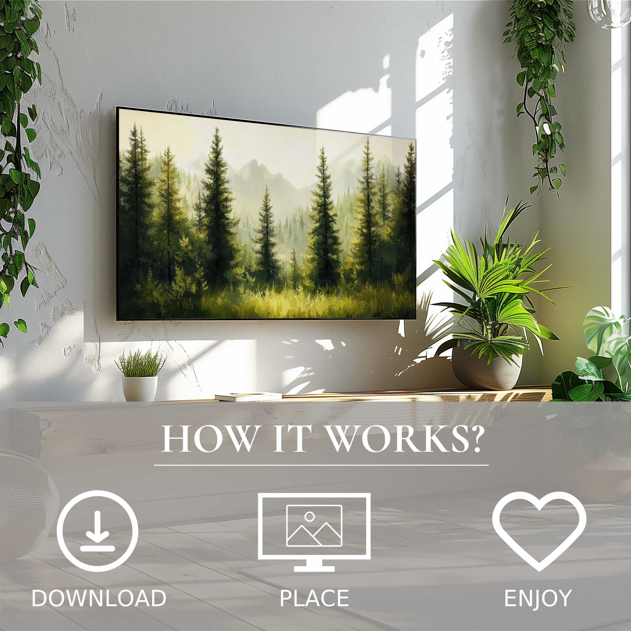 Tree art for Samsung TV shows soft sunset tones of forest pines; easy digital download enriches modern living spaces