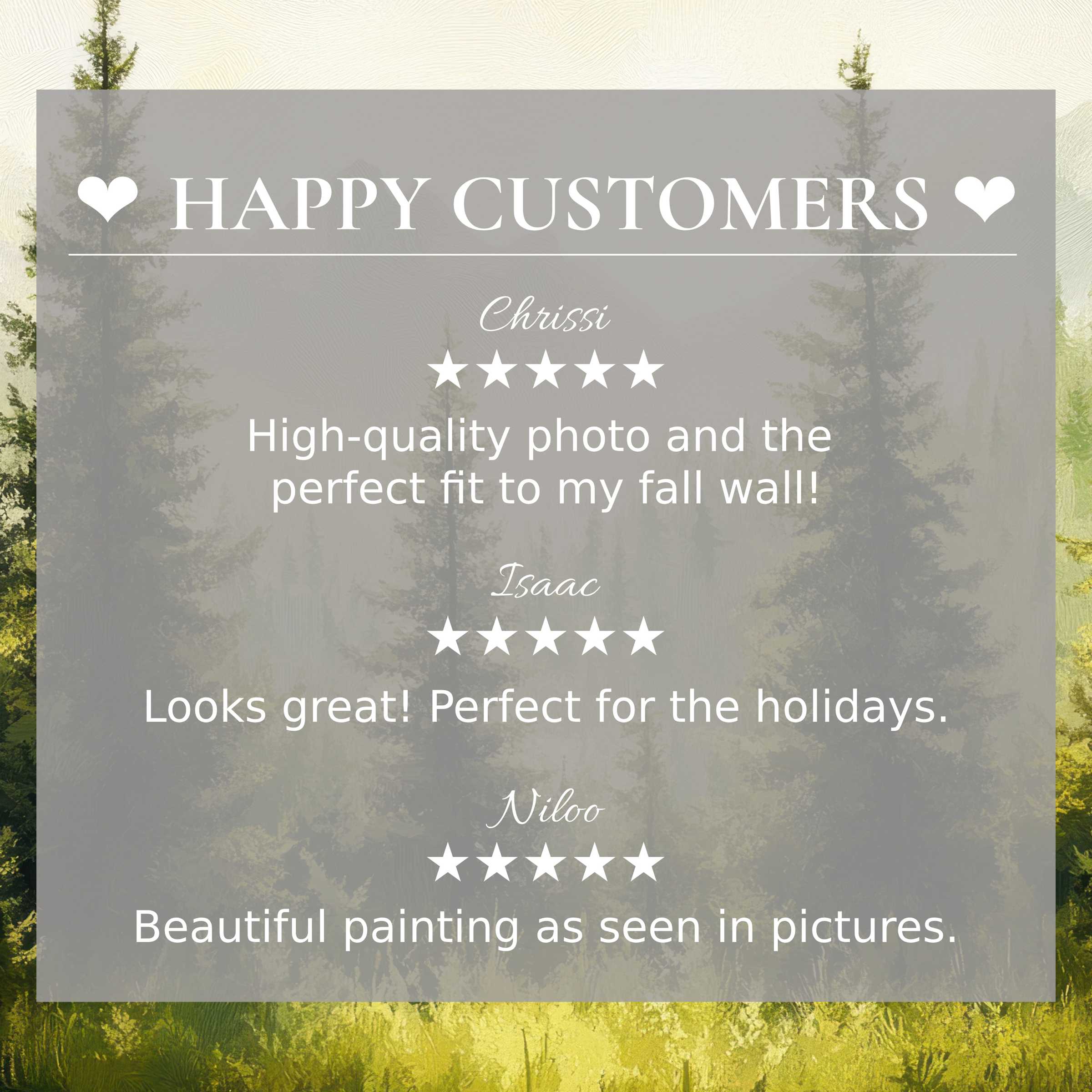 Trees art for Frame TV with abstract sunset hues, showcasing happy customer reviews and elegant, trustworthy design