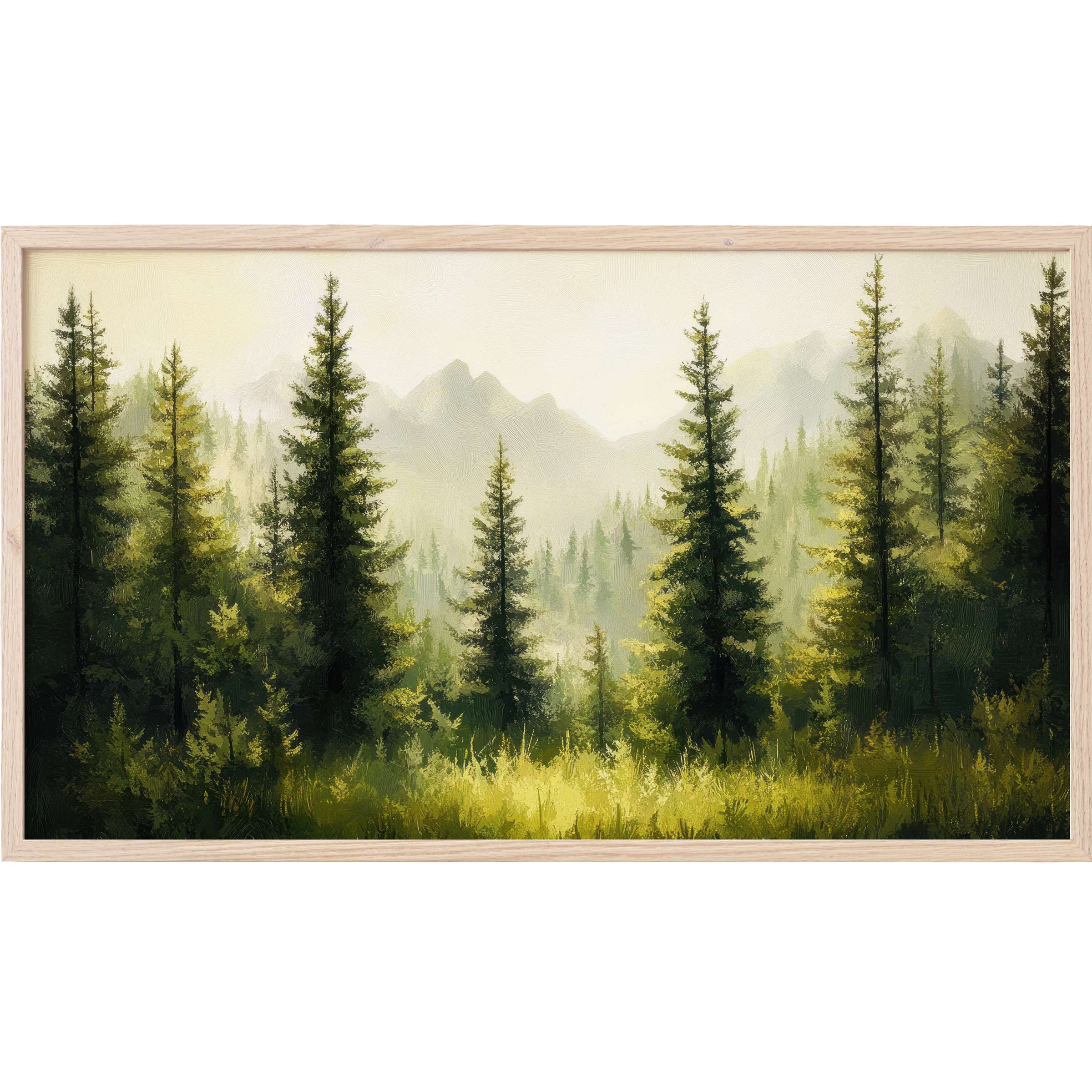 Serene forest scene in muted greens and yellows with soft mist, rendered in elegant tree Frame TV Art style
