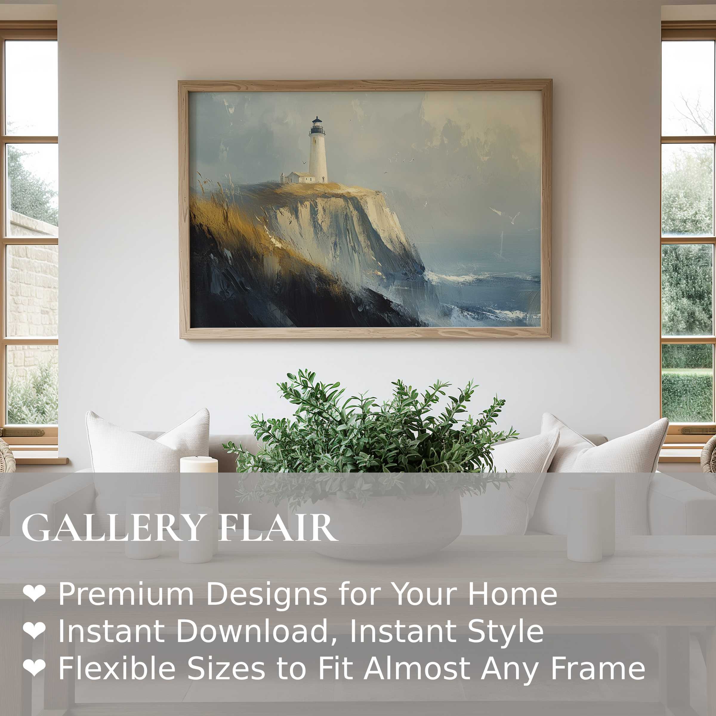 Radiant beach wall art print featuring a serene lighthouse on cliffs, enhancing modern coastal interiors with calming ocean hues and natural textures