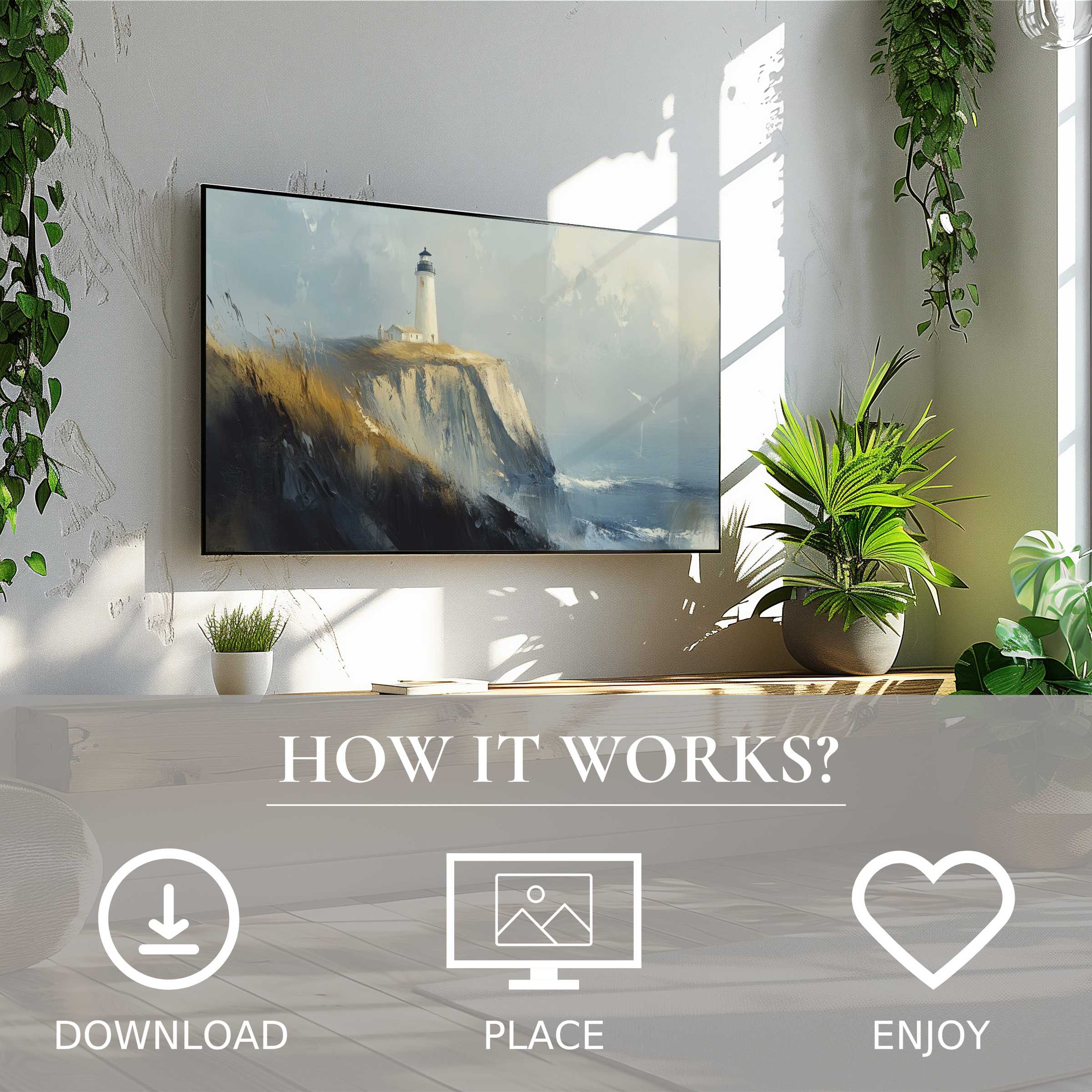 Modern living room with easy digital download beach art for Samsung TV showing soft coastal cliffs and lighthouse motif