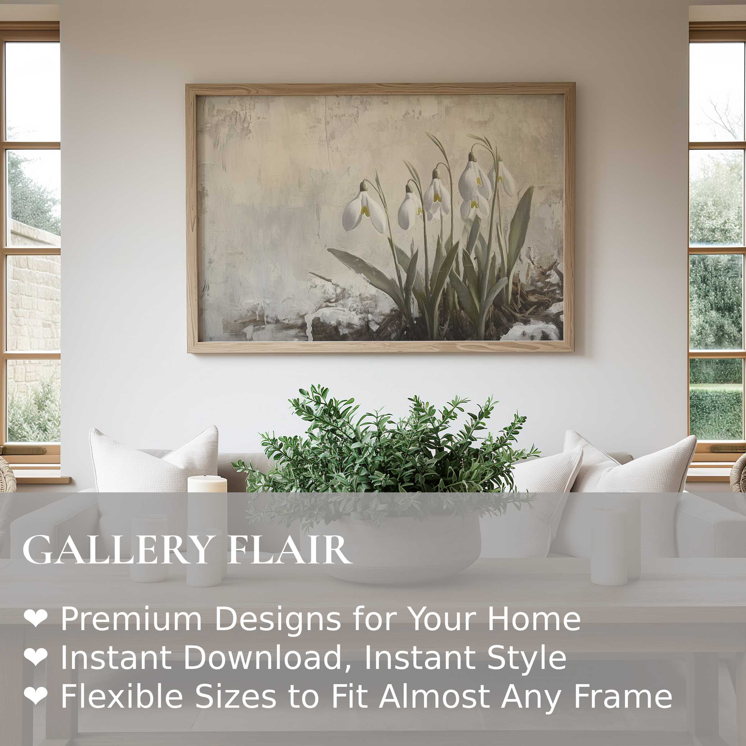 Botanical wall art print featuring delicate snowdrops in muted tones, enhancing serene modern farmhouse interiors with soft, calming elegance