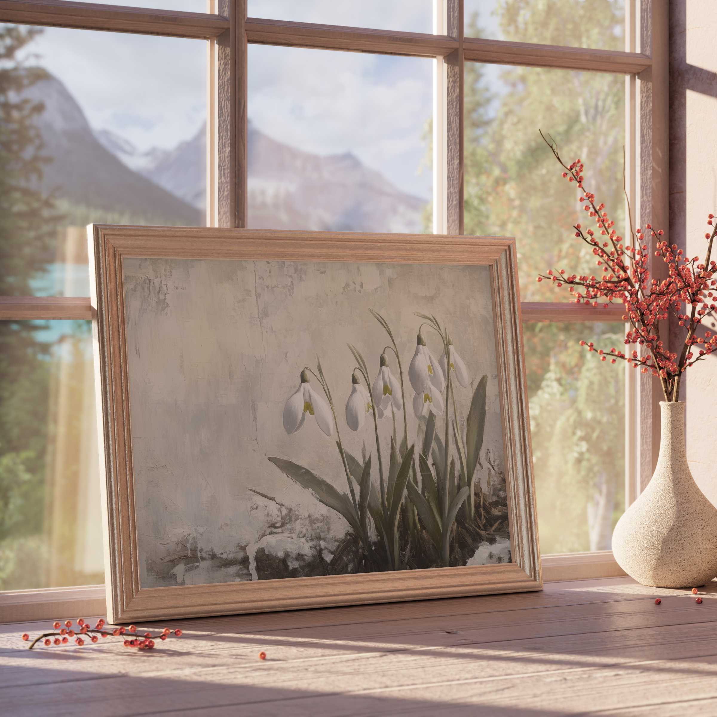Botanical downloadable art of delicate snowdrops in soft hues, elevating tranquil, curated interiors with timeless elegance