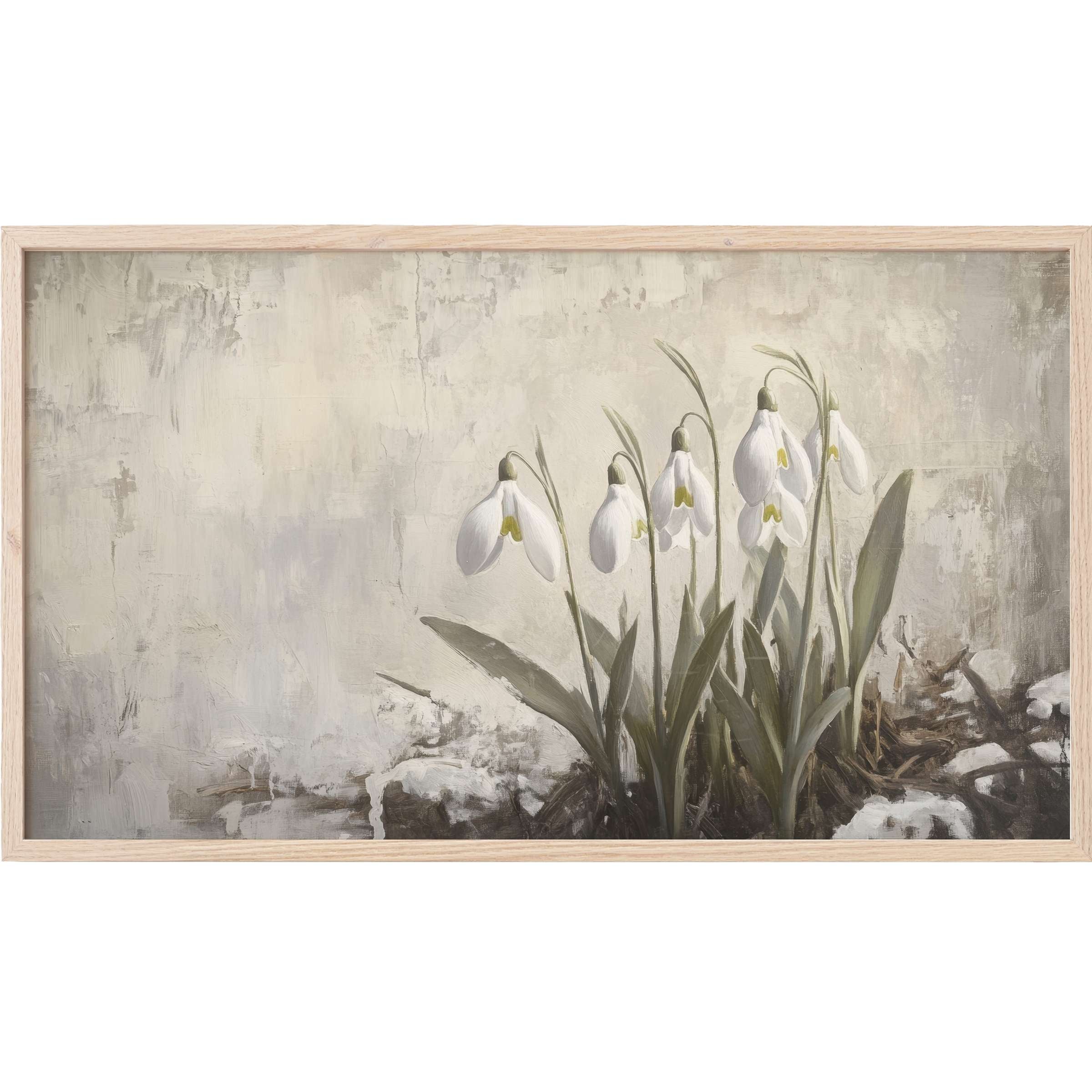 Delicate snowdrops in muted greens and whites on a textured gray background, botanical Frame TV Art