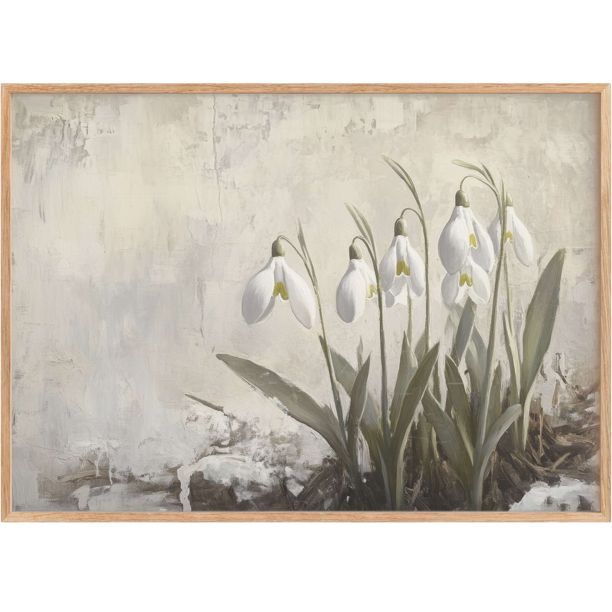 Elegant botanical printable wall art featuring delicate snowdrops in muted whites and soft greens, evoking a serene, timeless calm