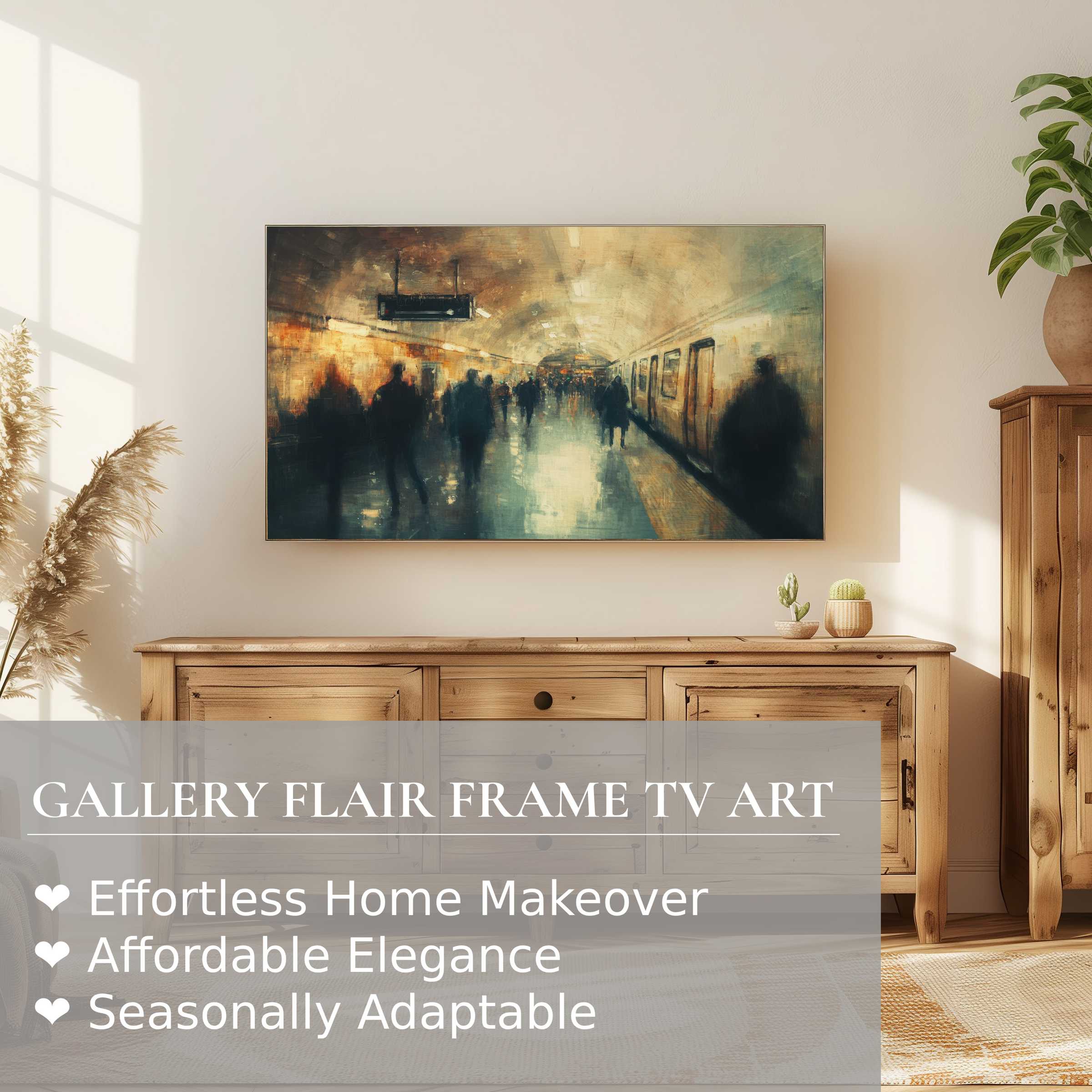 Samsung Frame TV displaying urban digital artwork of a moody subway scene in a refined, modern interior