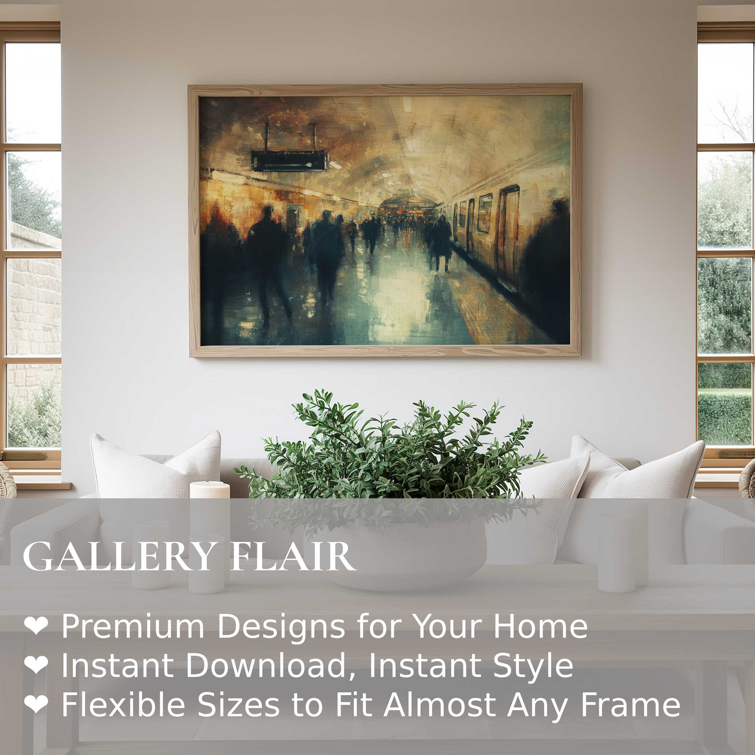 Urban art wall art print capturing a moody, atmospheric subway scene with blurred figures, enhancing stylish modern interiors with bold, cinematic depth