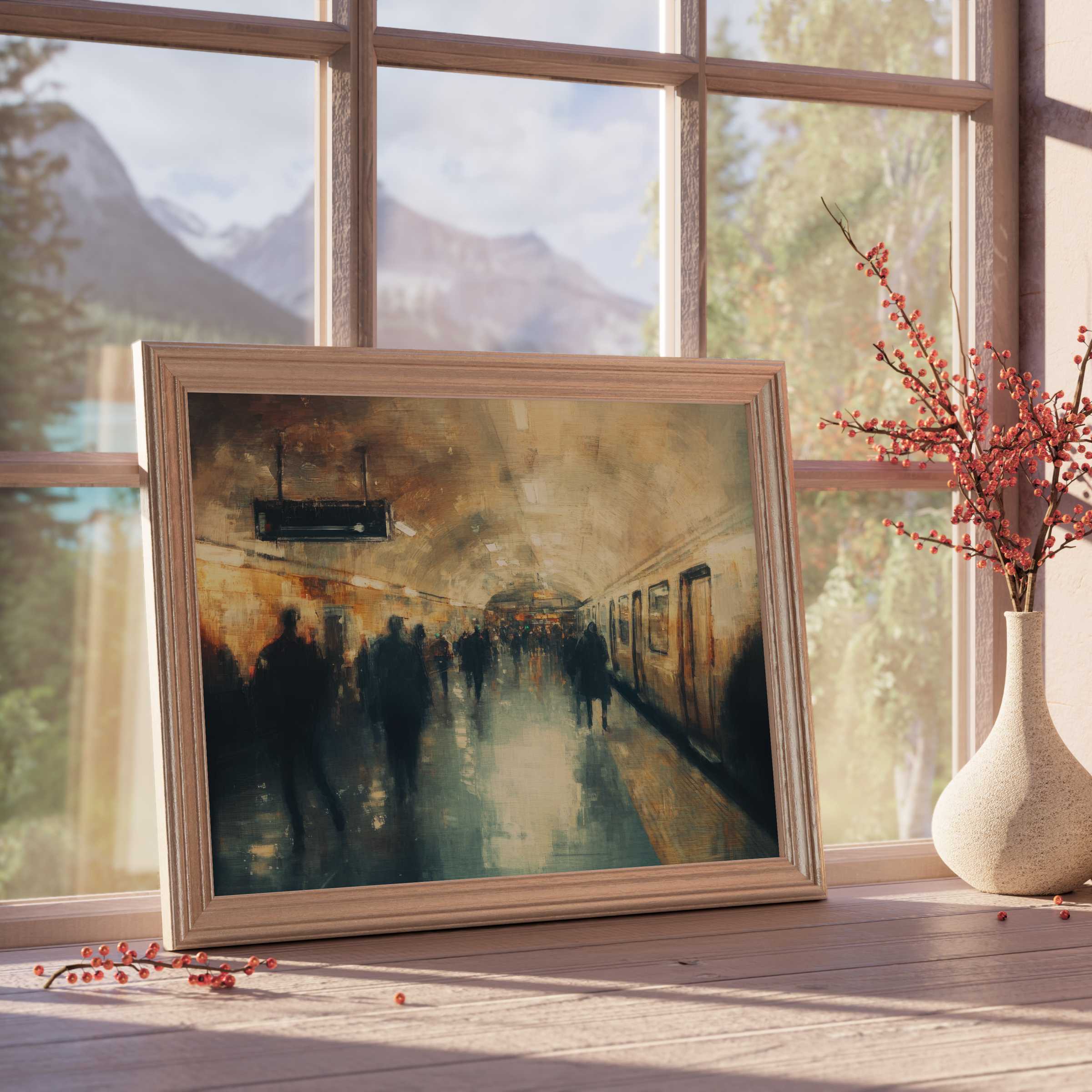 Urban downloadable art capturing a misty subway scene with warm tones, perfect for curated, tranquil living spaces