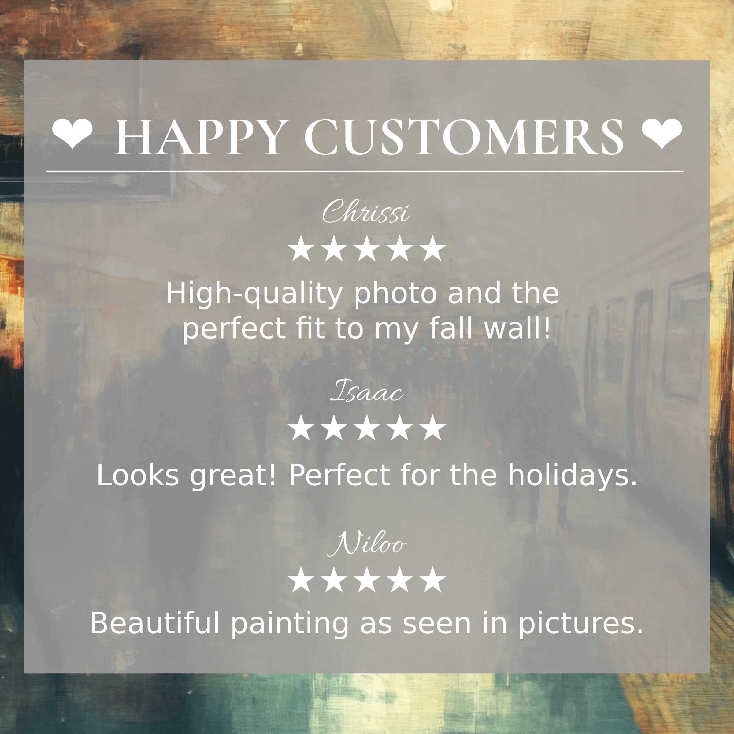 Urban art for Frame TV with abstract sunset hues; happy customer reviews build trust in this elegant layout