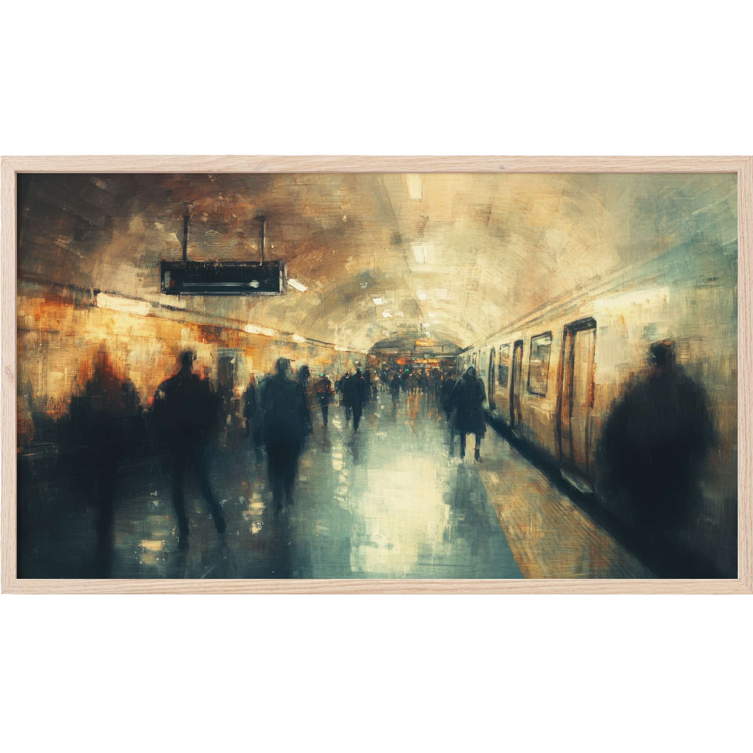 Urban Frame TV Art depicting a moody subway scene in warm ochres and deep blues, with impressionistic brushstrokes