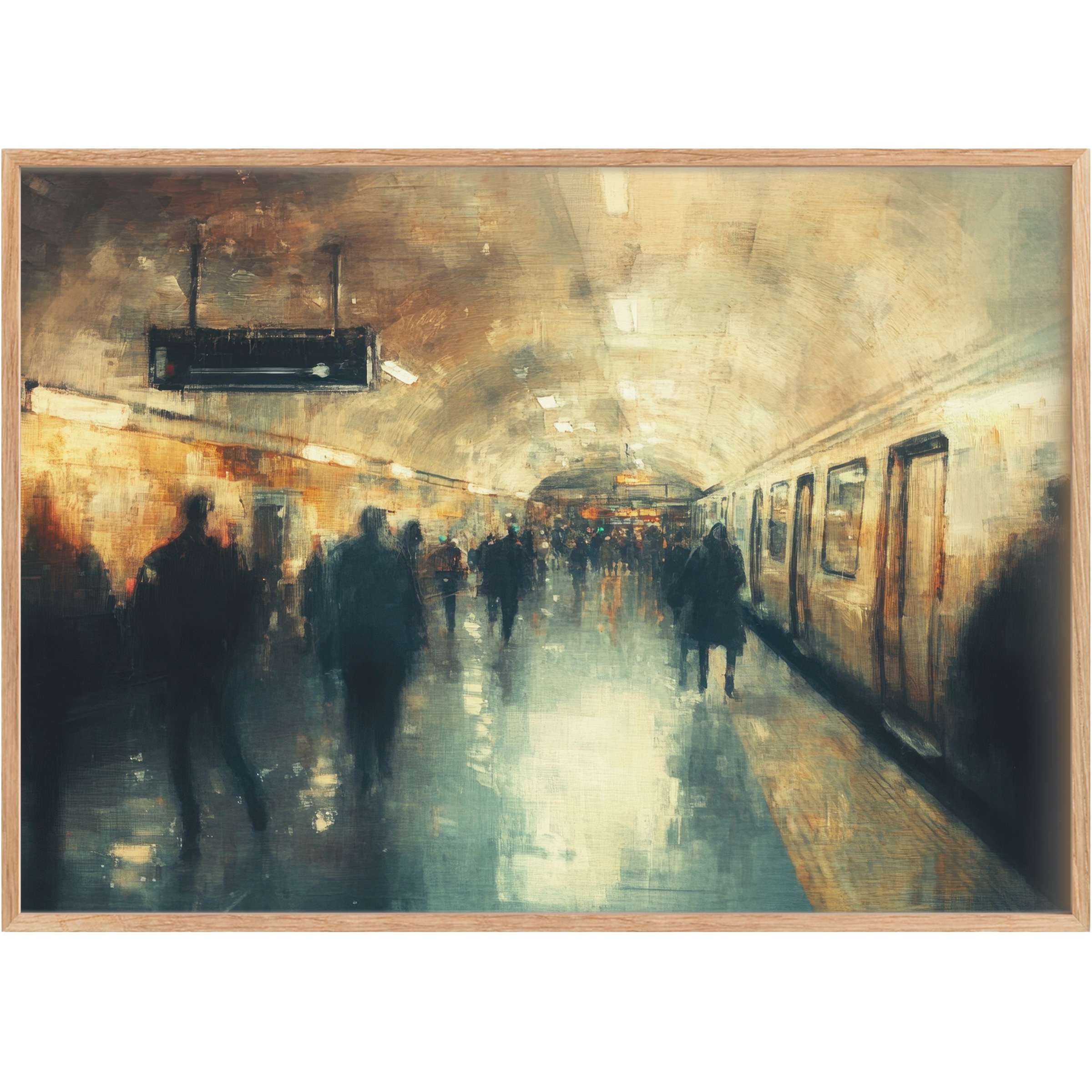 Urban printable wall art capturing a moody subway scene in warm ambers and cool blues, evoking dynamic, contemplative energy