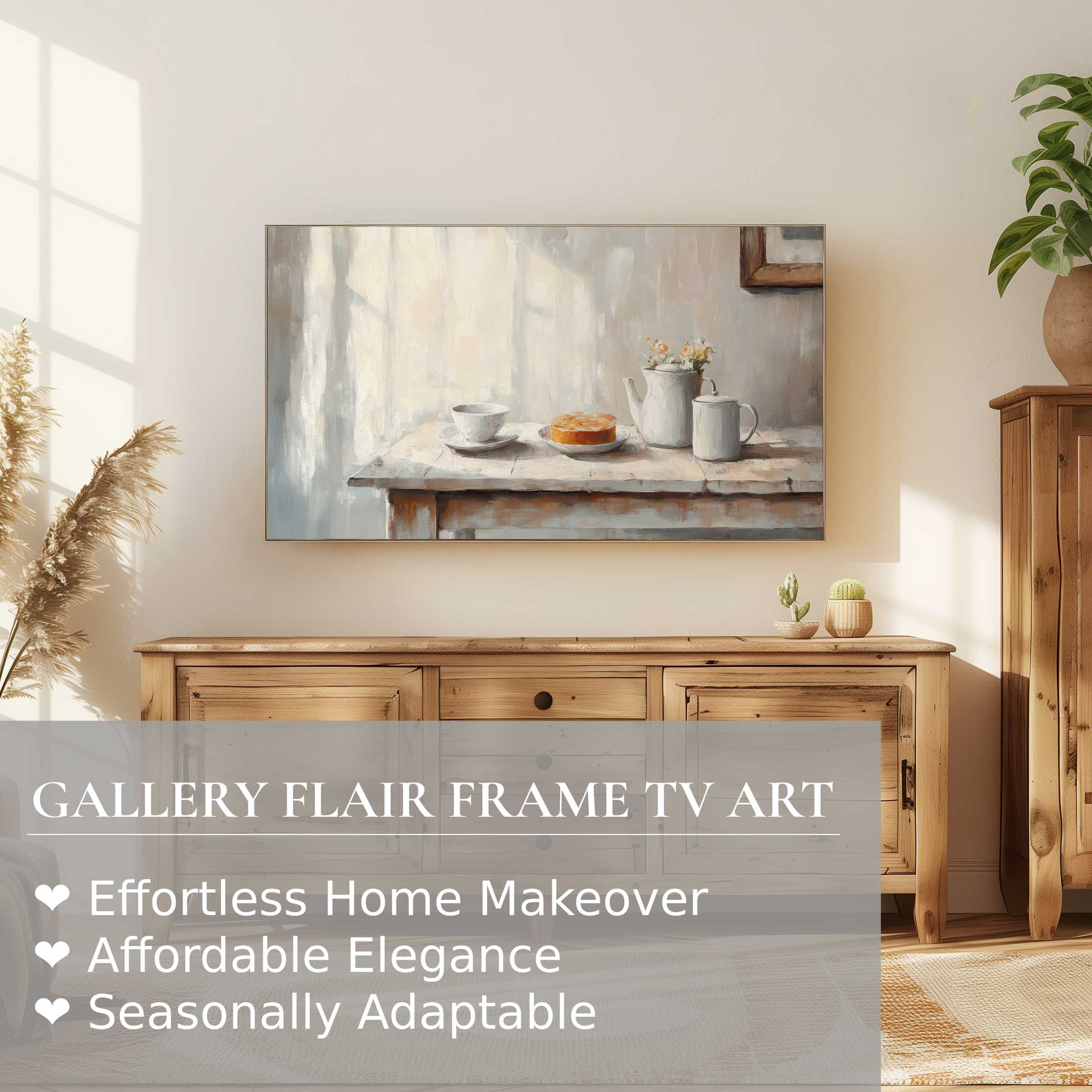 Samsung Frame TV displays serene farmhouse digital artwork, blending rustic charm with modern home elegance