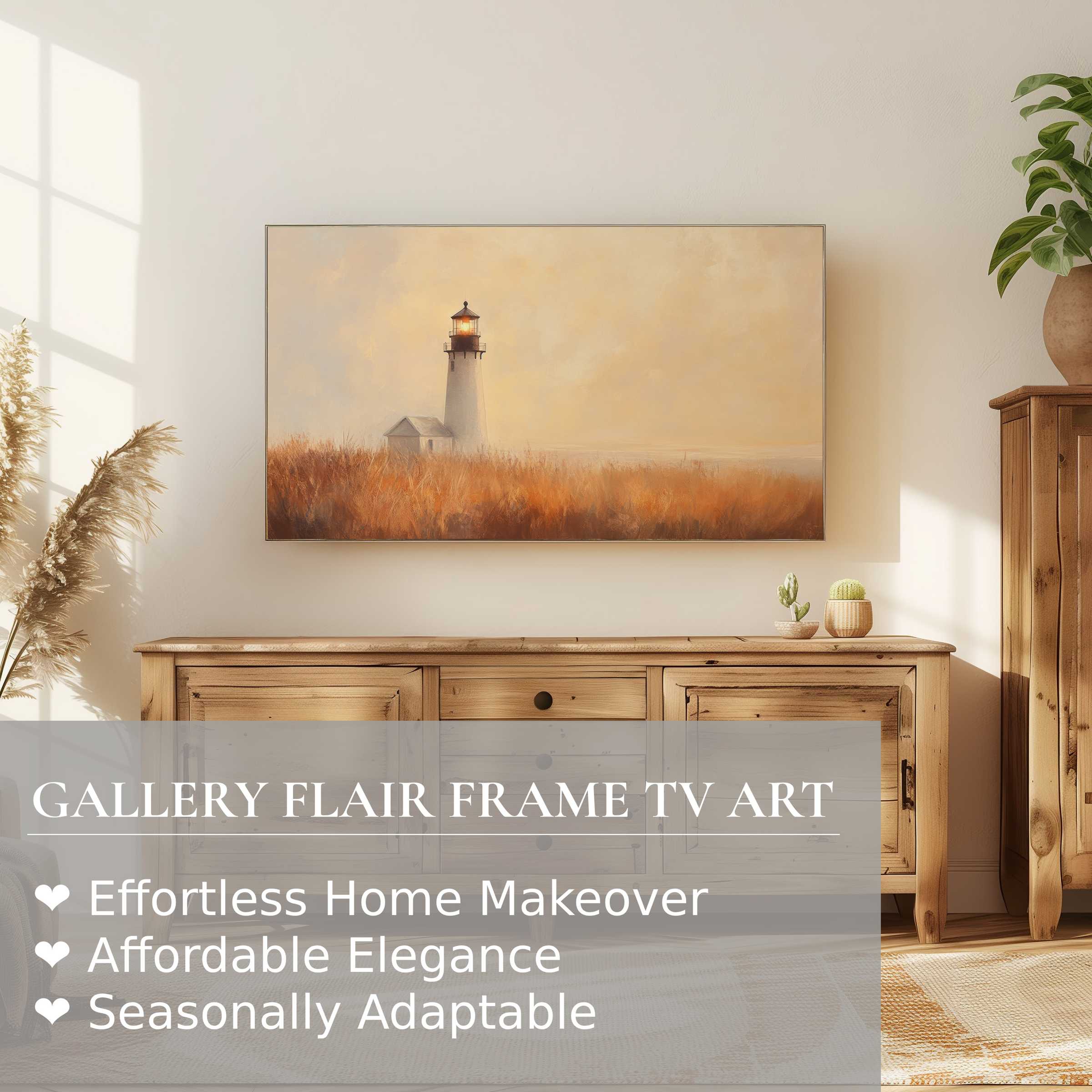 Samsung Frame TV showcasing serene summer digital artwork of a lighthouse, enhancing modern refined home decor