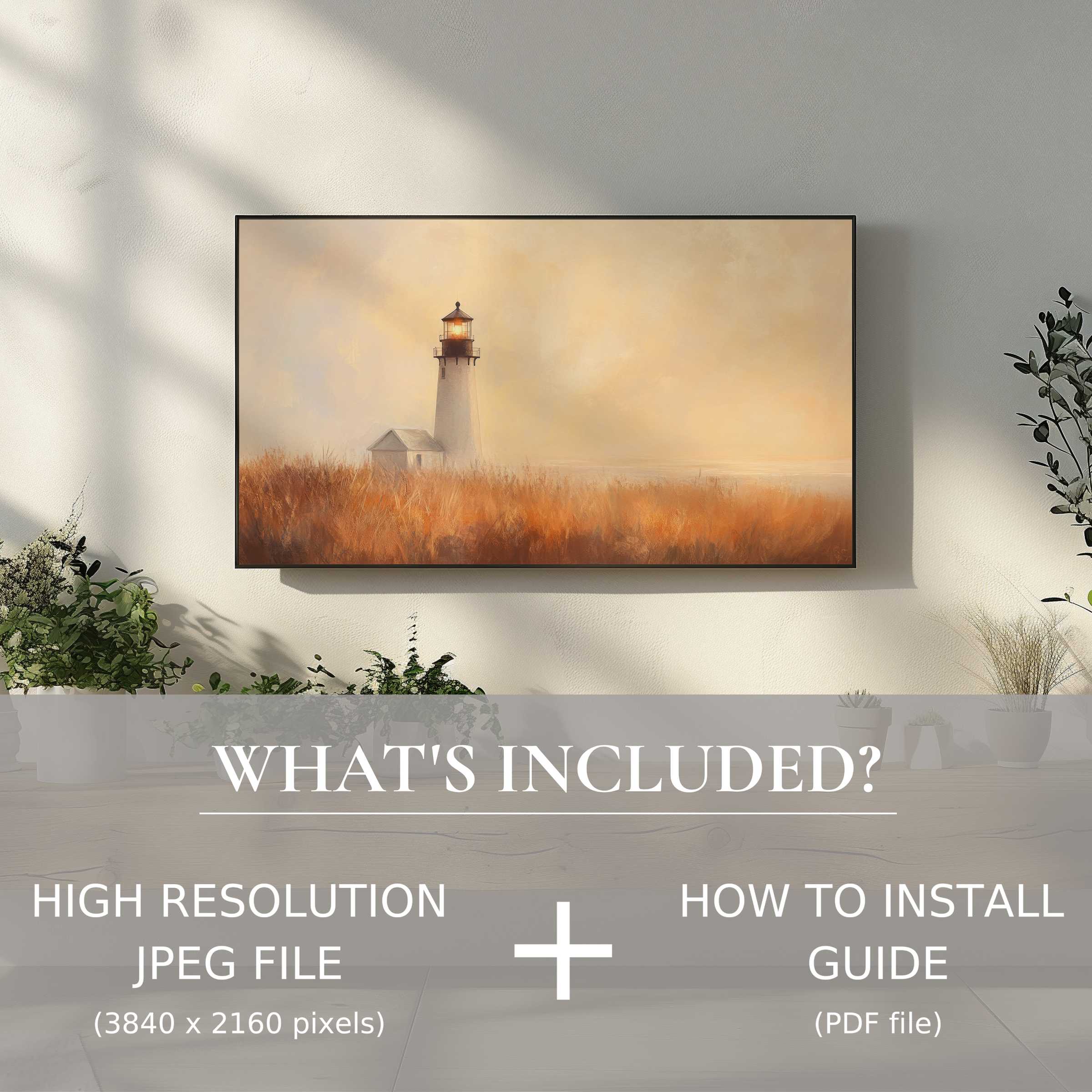 Elegant summer digital TV art download of lighthouse scene, instantly elevating your living space with easy digital use