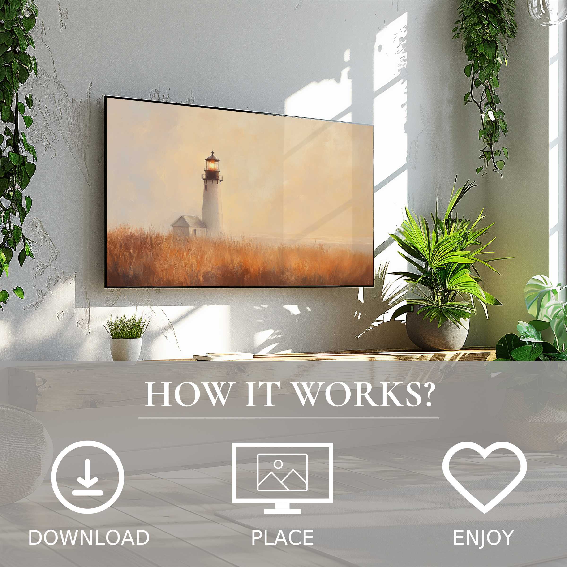 Summer art for Samsung TV featuring a lighthouse in soft sunset tones, easy digital download enriches space