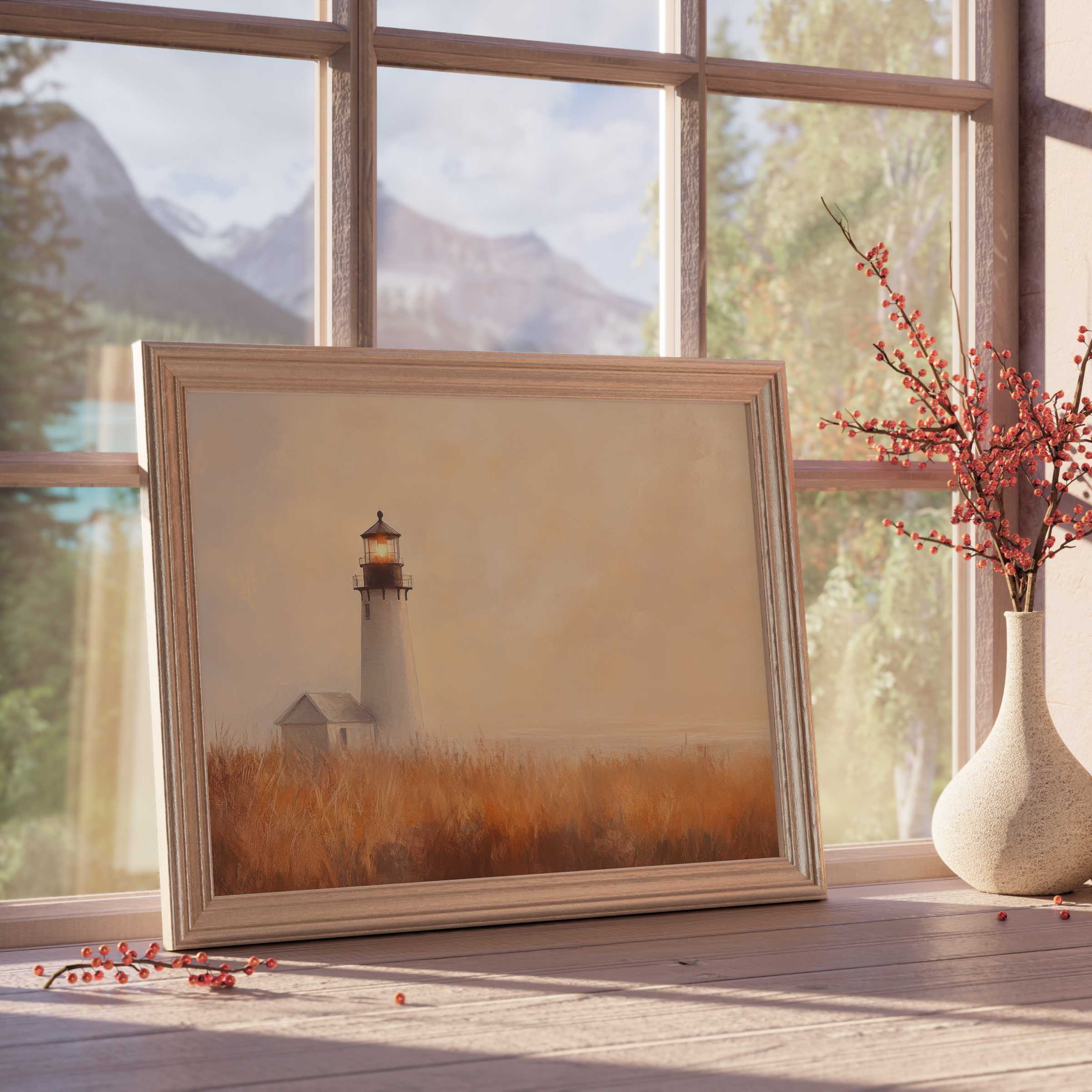 Summer downloadable art featuring a serene lighthouse glowing softly above golden marsh grasses, radiating warm calm for curated interiors