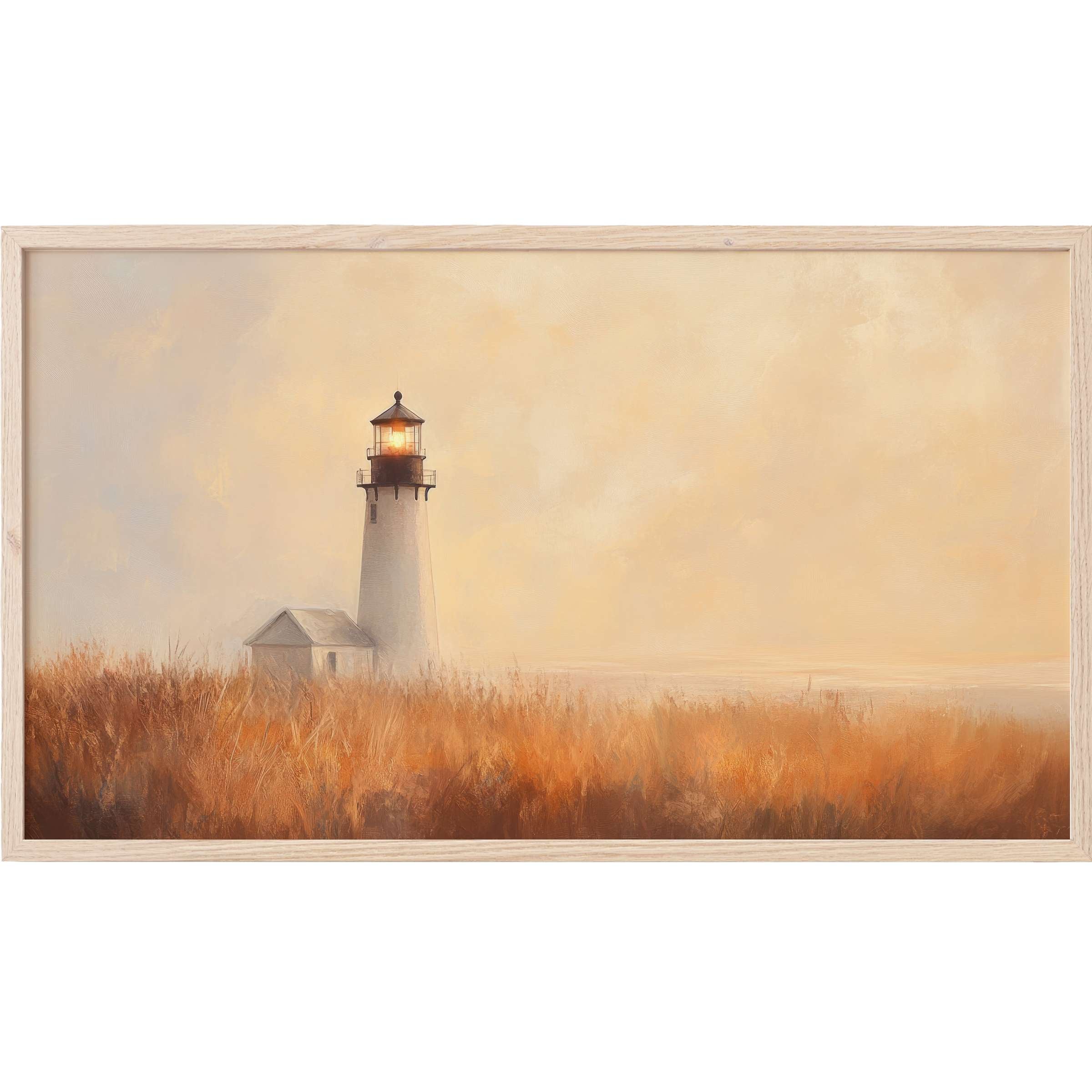 Elegant summer Frame TV Art featuring a softly glowing lighthouse amid warm golden grasses in a serene coastal scene