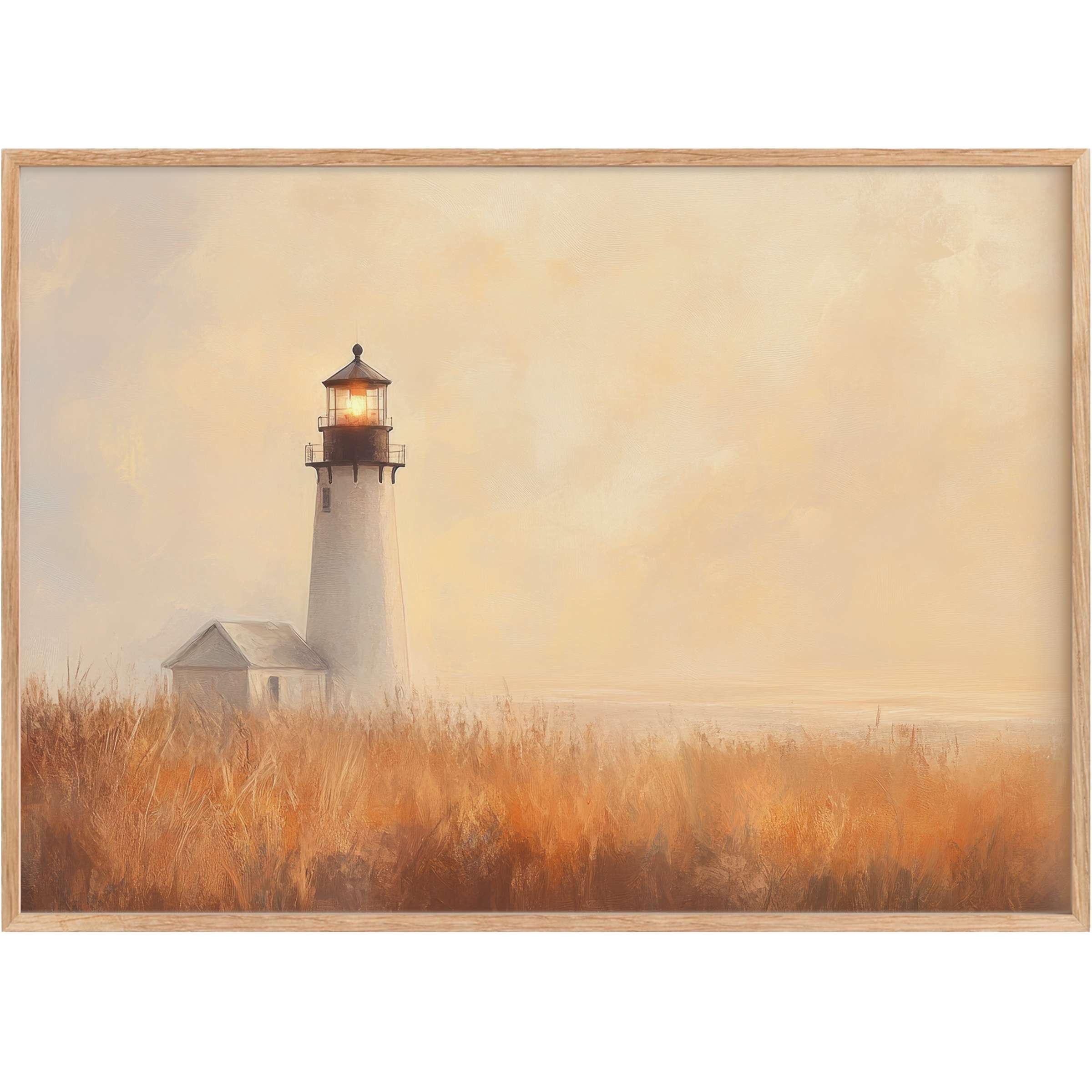 Summer printable wall art capturing a radiant lighthouse bathed in golden twilight, evoking warmth and serene coastal elegance