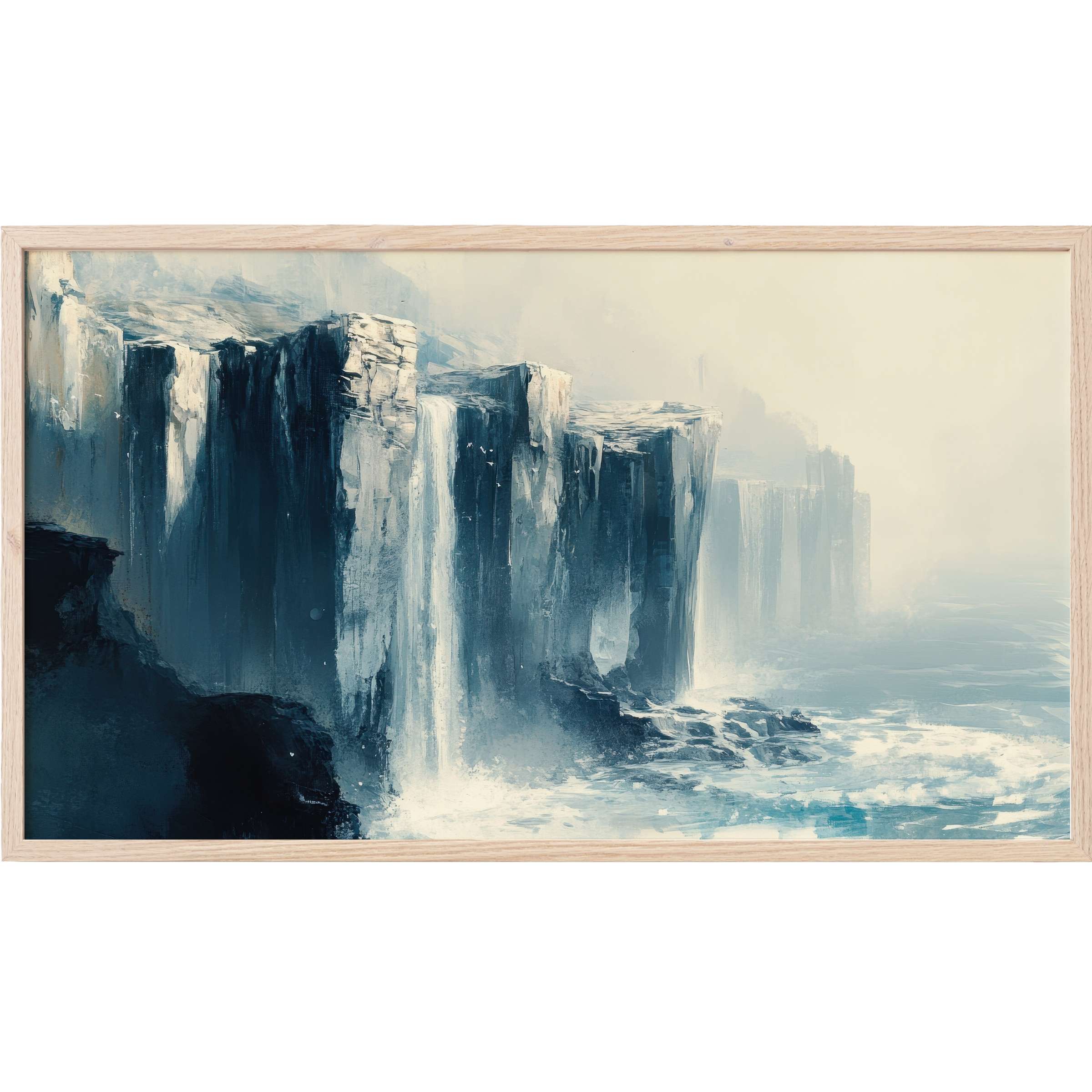 Moody coastal cliffs with cascading waterfalls in deep blues and muted greys, a serene coastal Frame TV Art