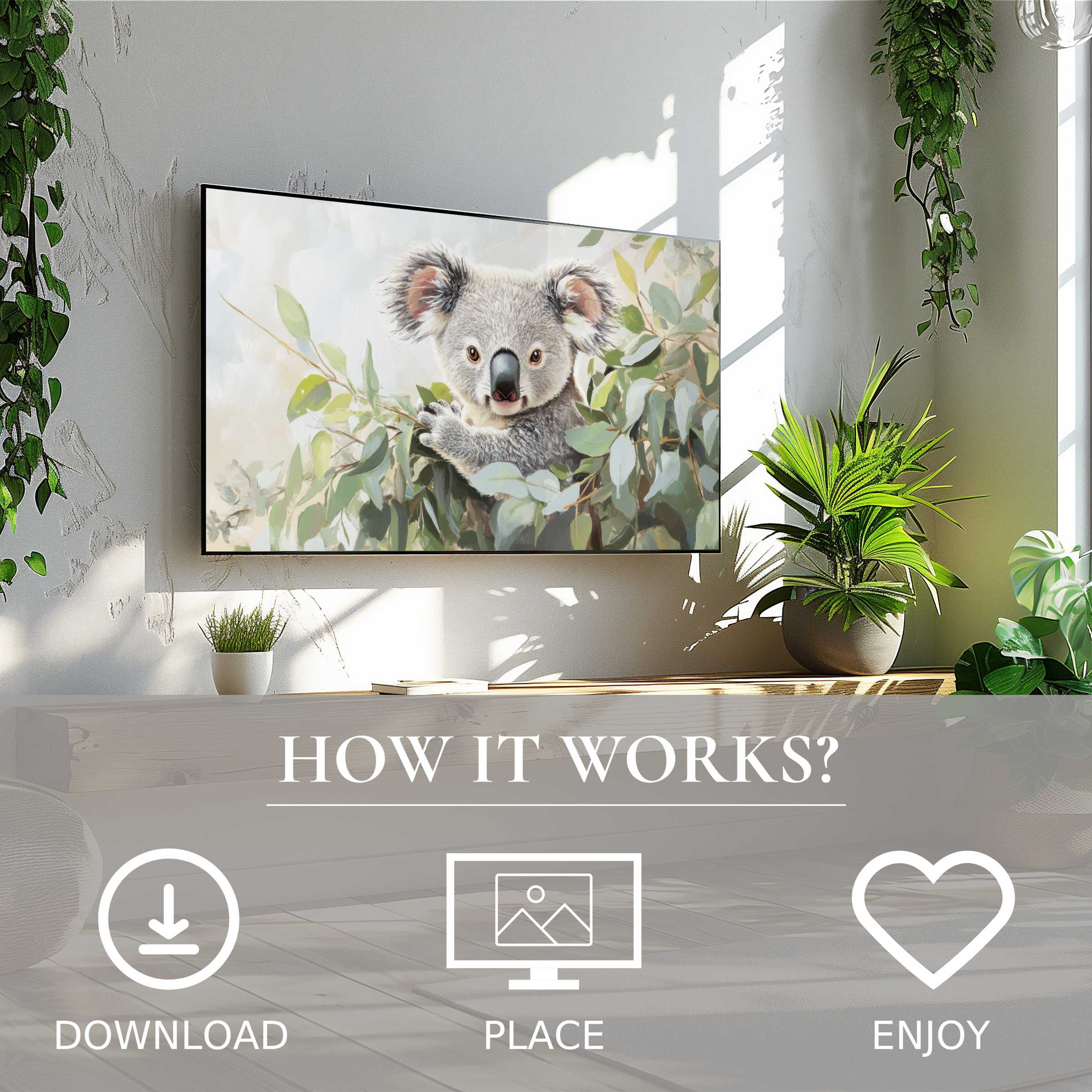 Nursery art for Samsung TV shows a soft koala motif in muted green tones, easy digital download enriches bright living space
