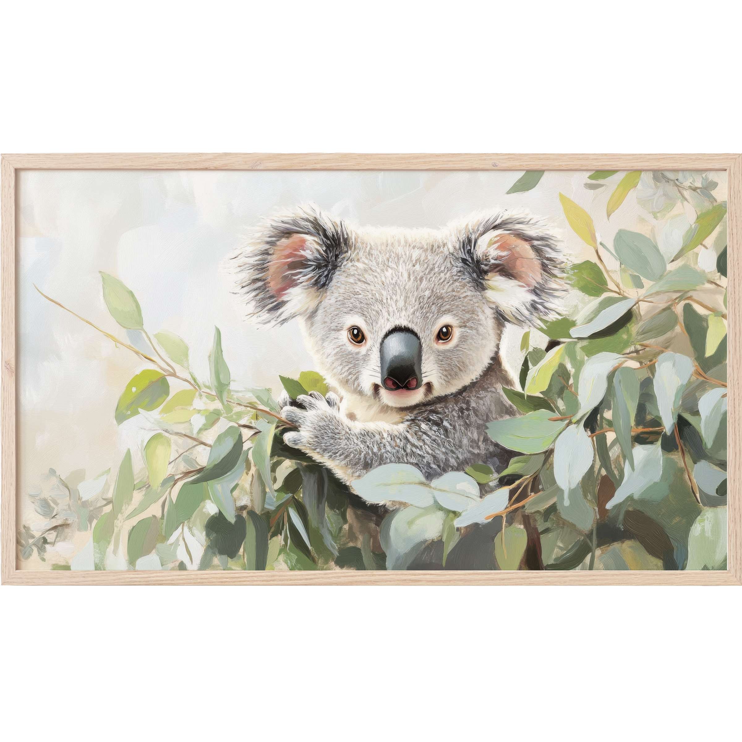 Nursery Frame TV Art featuring a soft, detailed koala amid green eucalyptus leaves in gentle, muted tones