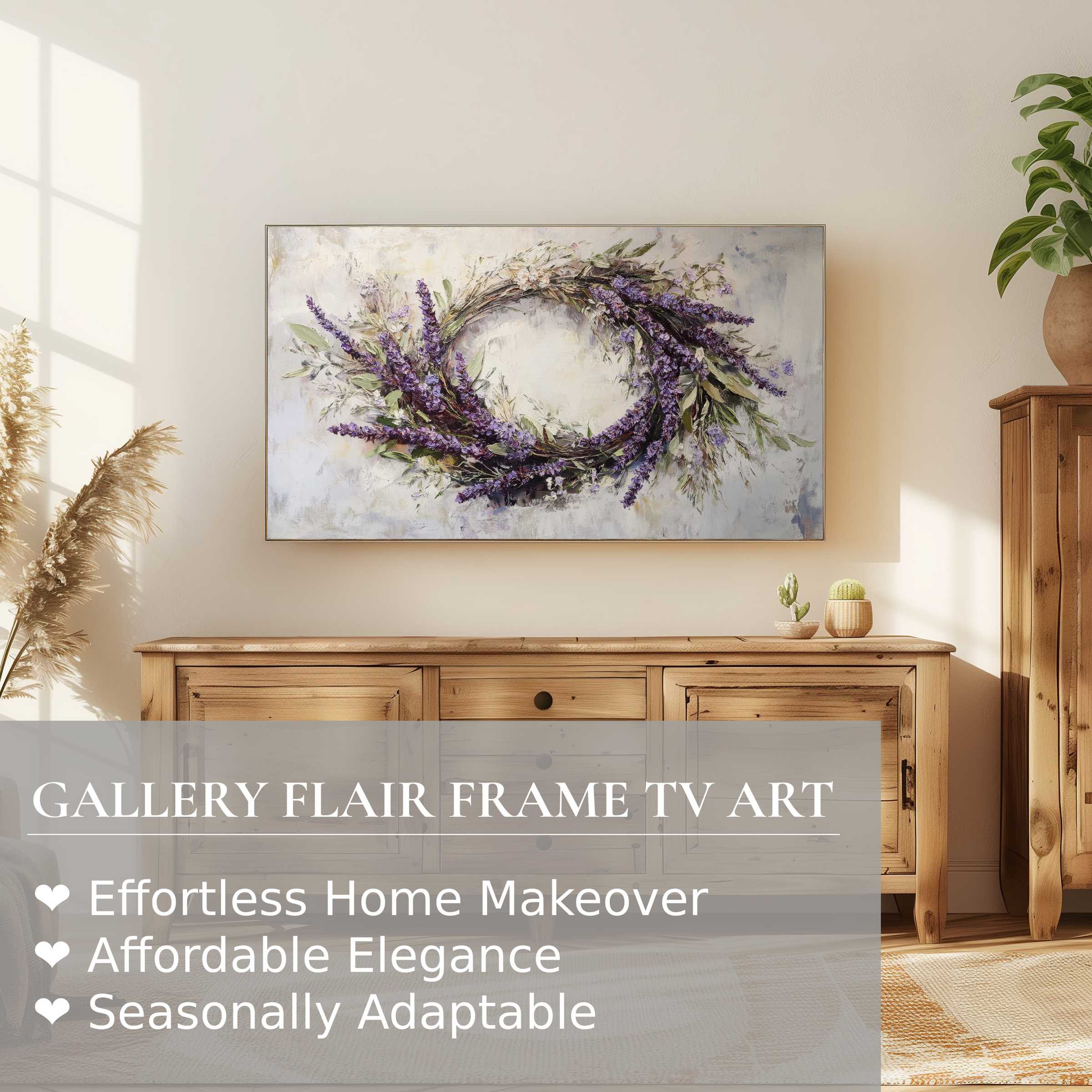 Samsung Frame TV displaying floral digital artwork in a sunlit, elegant room with natural wood accents