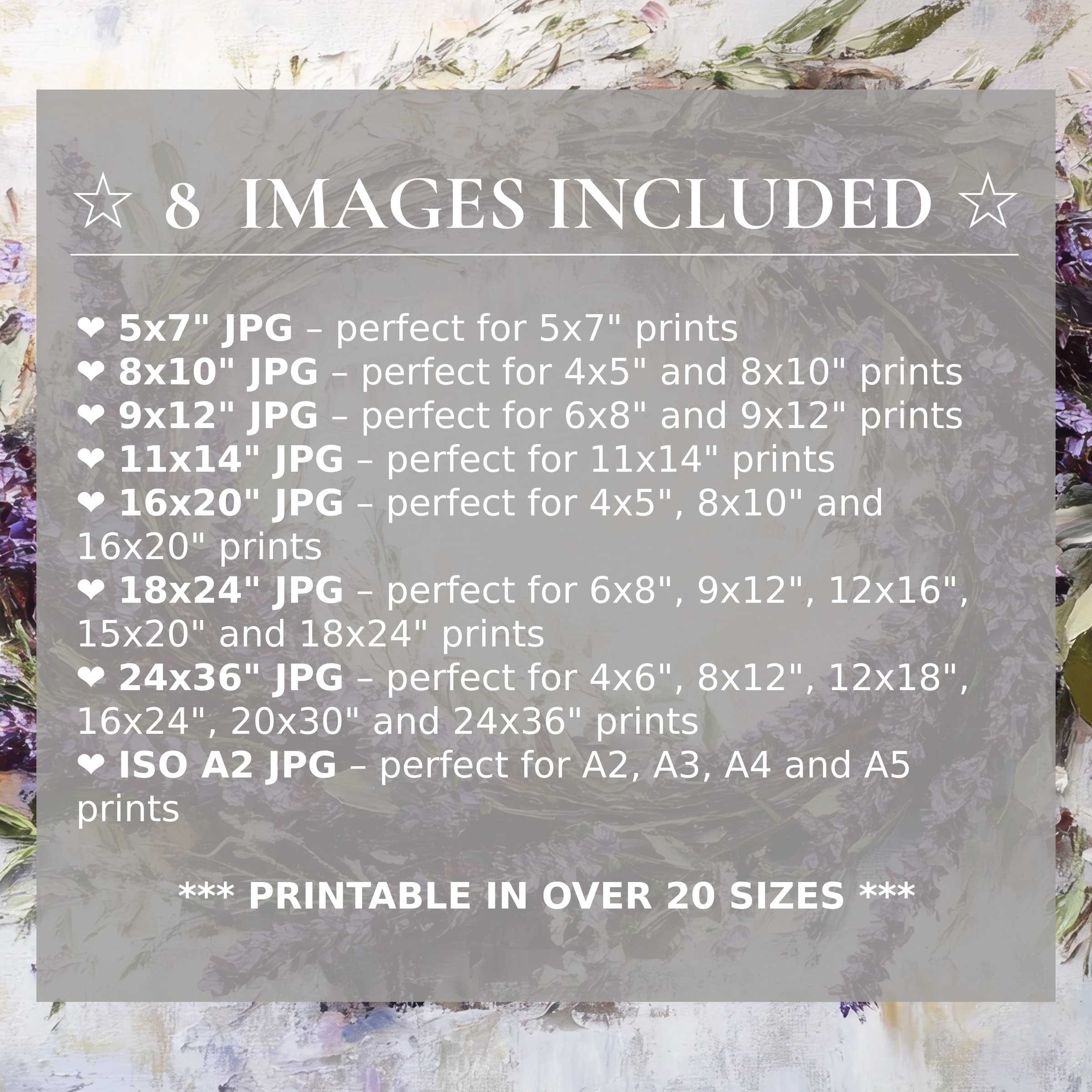 Floral digital print in soft lavenders and sage greens, radiating serene elegance; includes 8 high-quality sizes, enhancing modern interiors with effortless style and versatile charm