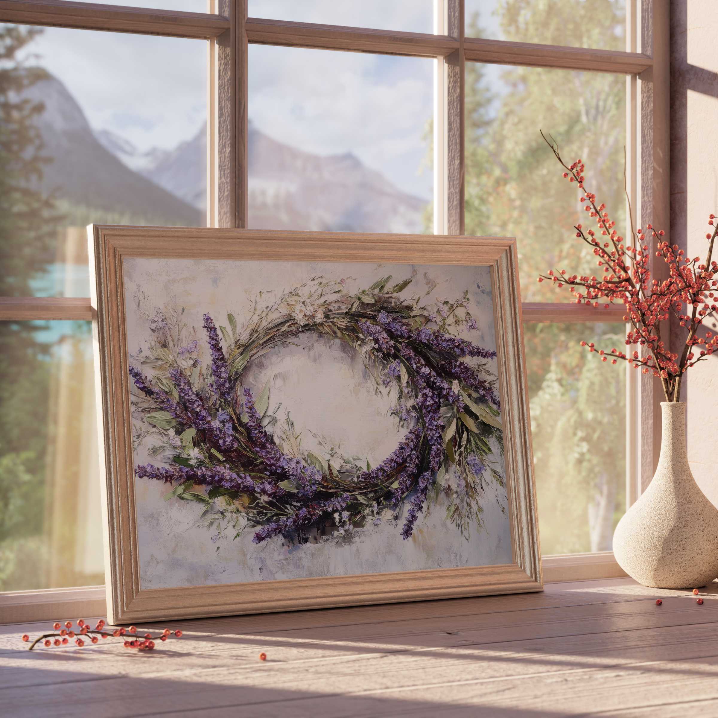 Elegant floral downloadable art featuring a serene lavender wreath, enhancing tranquil, design-forward stylish interiors with botanical charm