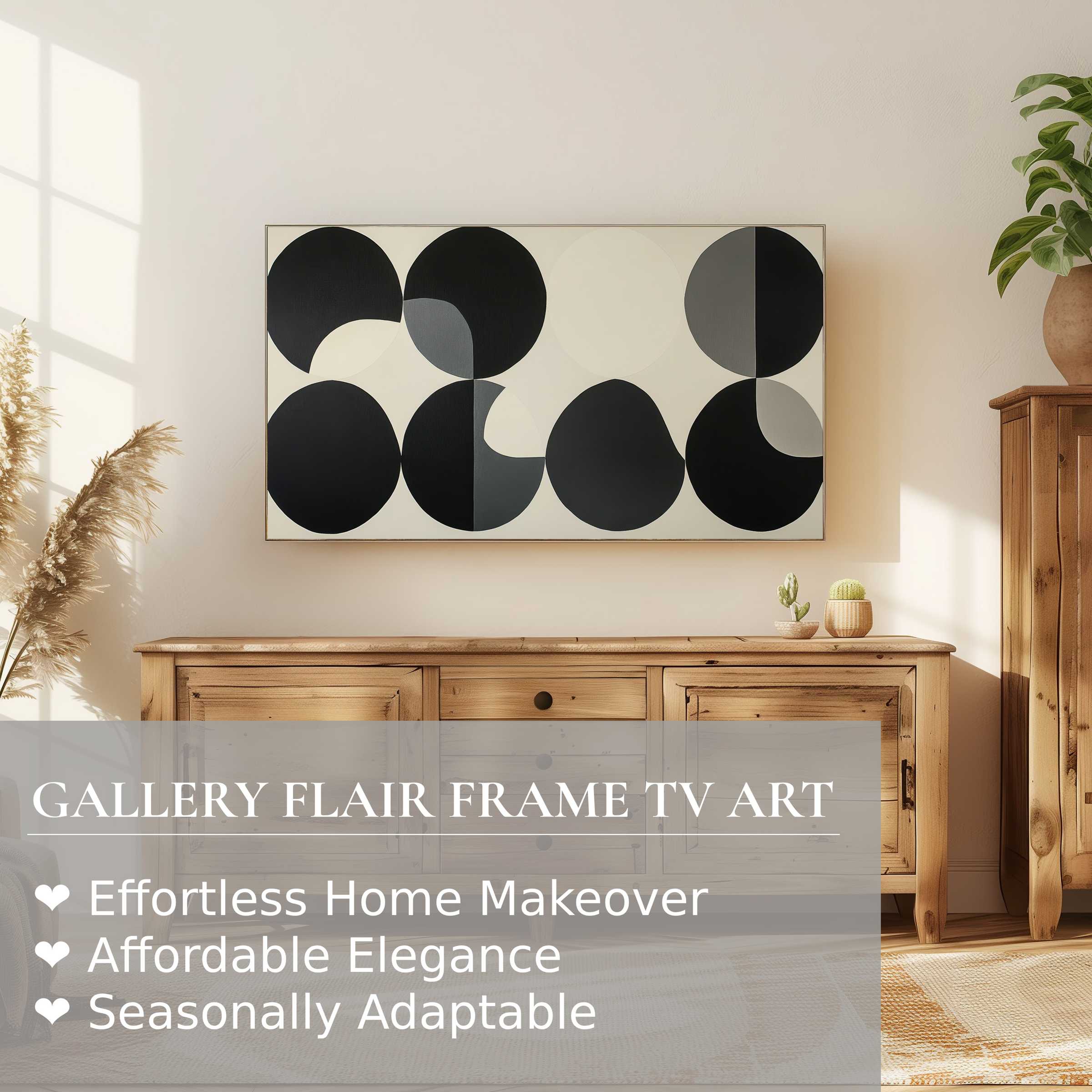 Samsung Frame TV displays minimalist digital artwork with bold black shapes in an elegant, sunlit modern living space