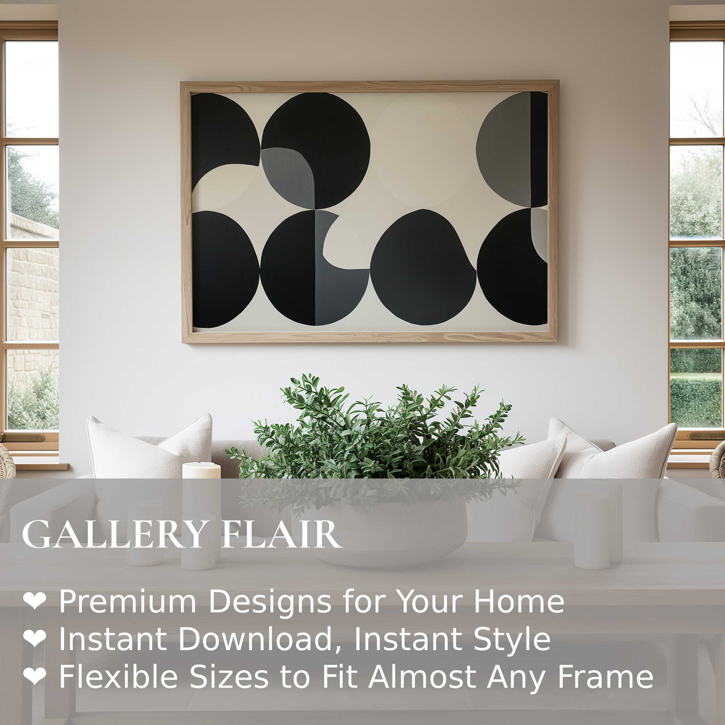 Minimalist wall art print featuring bold black and gray organic shapes, enhancing serene modern interiors with sophisticated contrast and calm