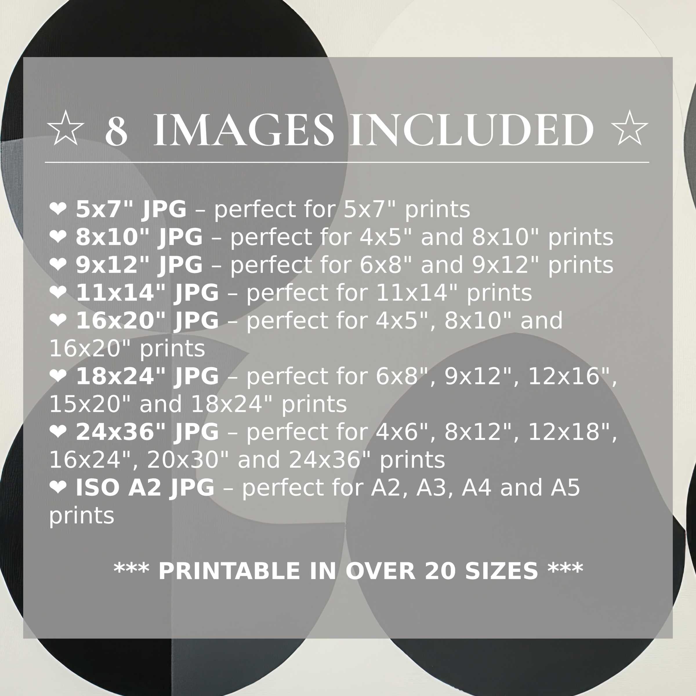 Minimalist digital print in bold black and soft ivory hues, radiating calm sophistication, includes 8 high-quality sizes