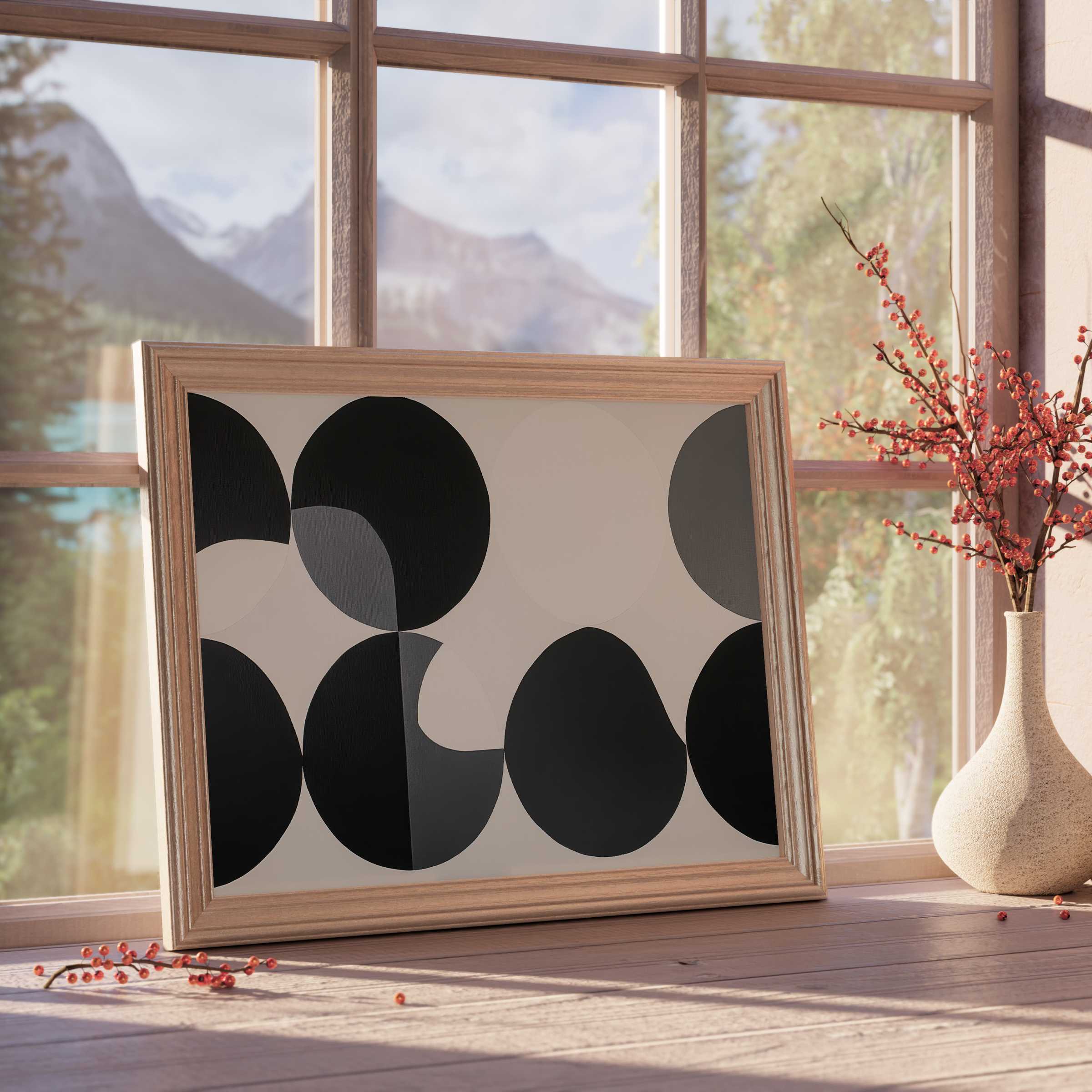 Minimalist downloadable art featuring elegant black and gray abstract shapes, enhancing tranquil, design-forward interiors with curated calm