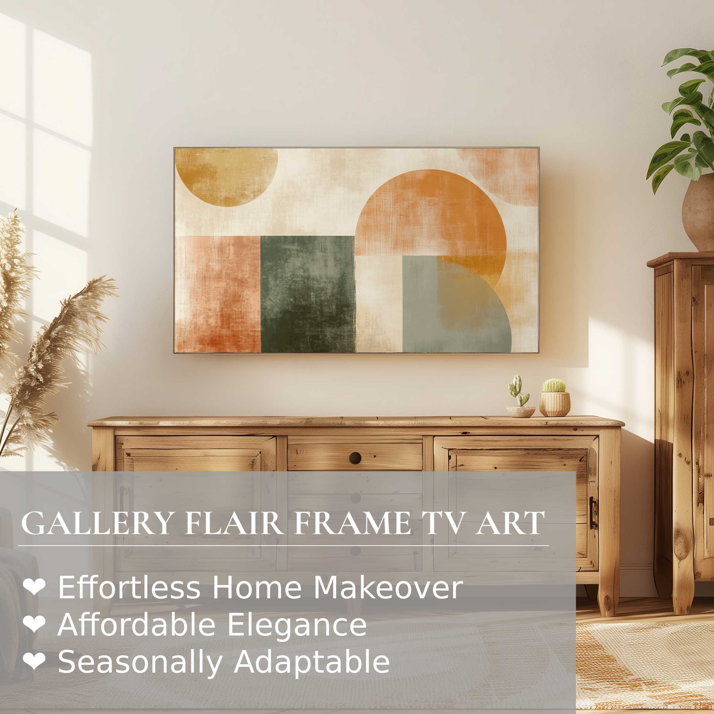 Samsung Frame TV displays warm-toned modern digital artwork in a serene, stylish living space for refined home decor