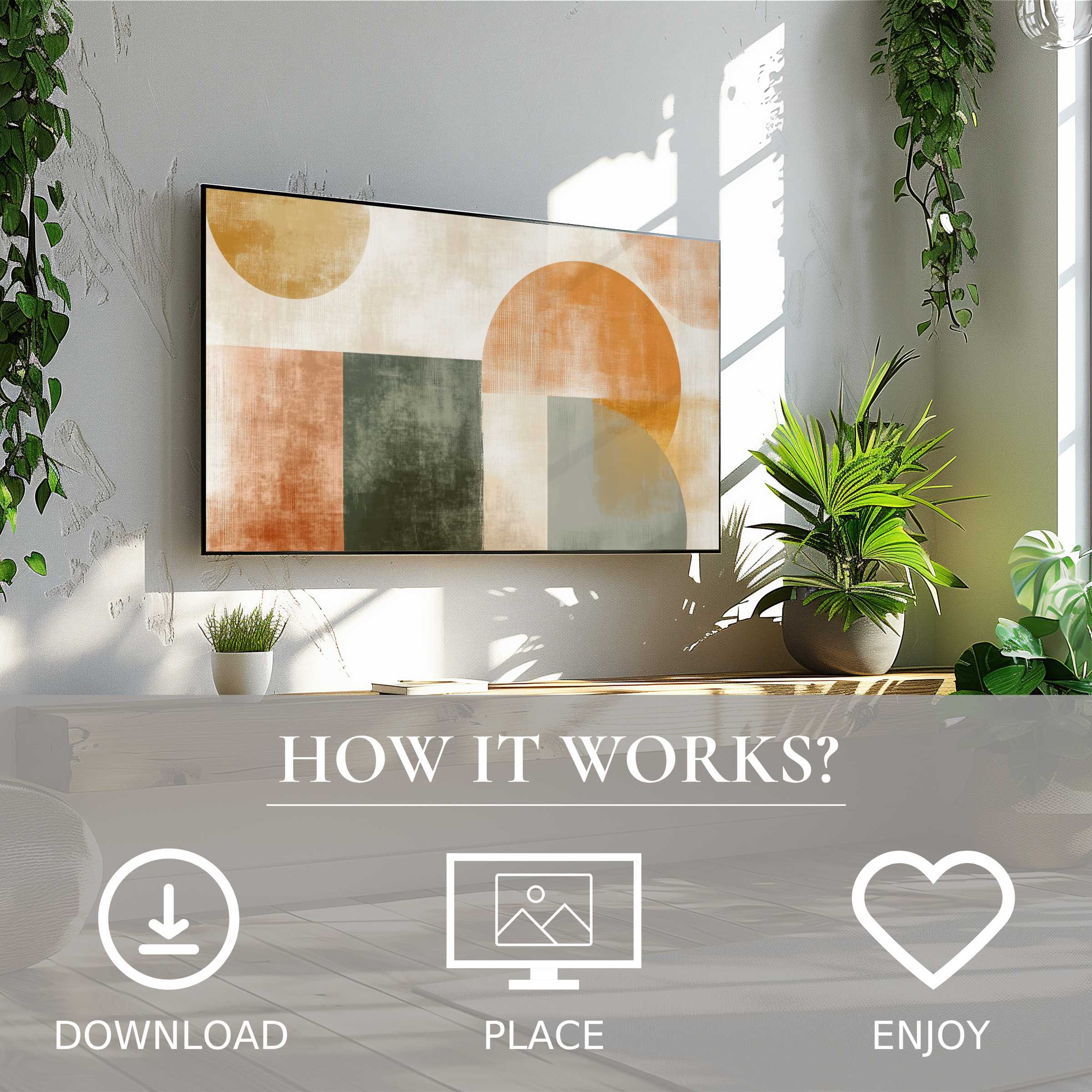 Modern art for Samsung TV with warm geometric shapes, easy digital download enriches living spaces with style and ease