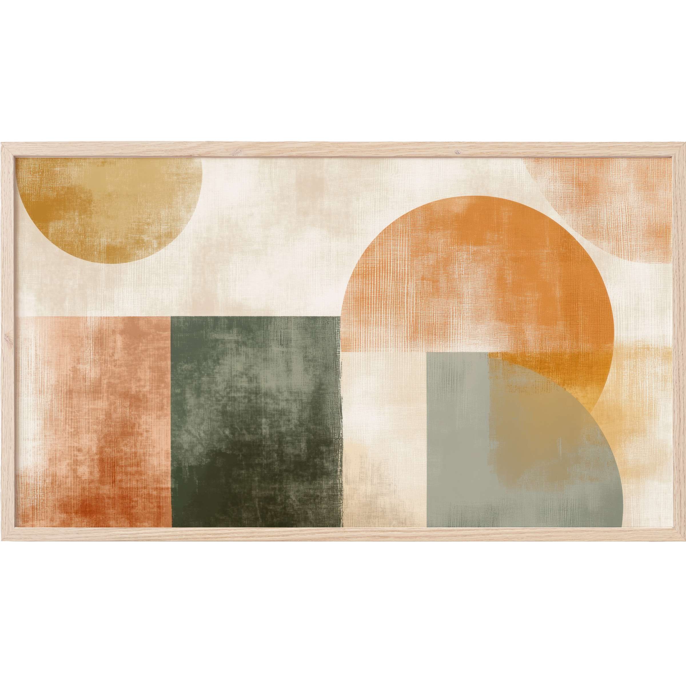 Modern Frame TV Art with textured geometric shapes in warm earth tones and muted greens, embracing minimalist elegance