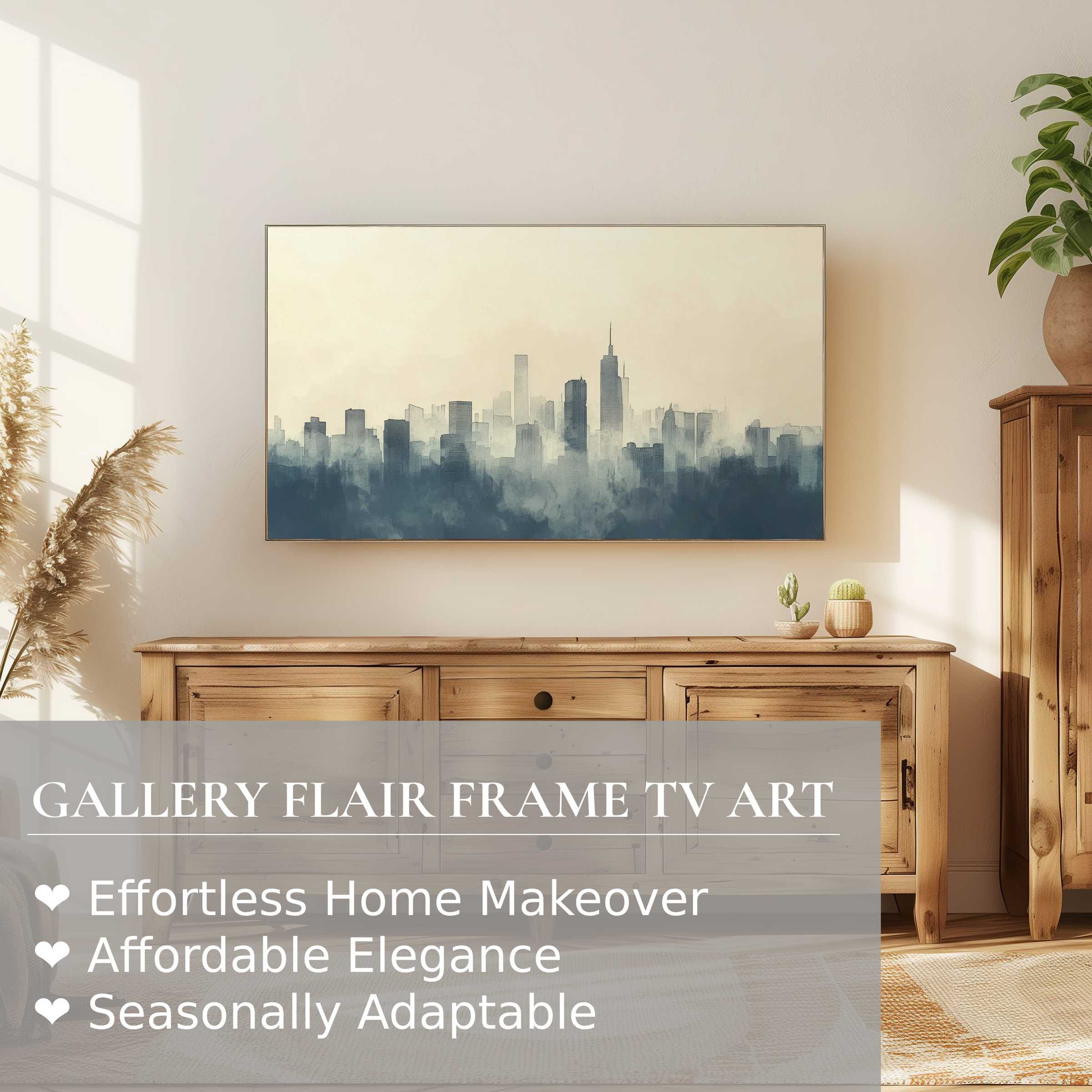Samsung Frame TV displays serene neutral digital artwork of a misty cityscape in a modern, natural-toned setting