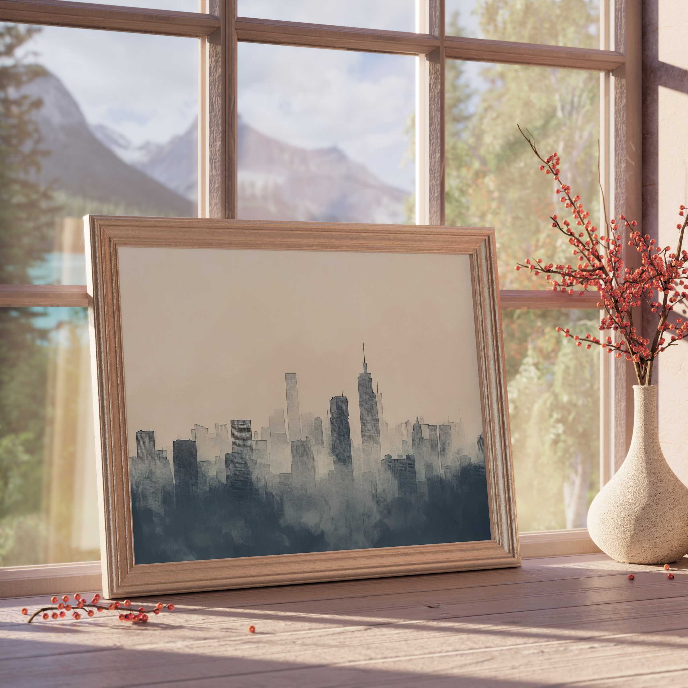 Neutral downloadable art capturing a serene cityscape in misty blues, elevating tranquil, curated interiors with subtle elegance